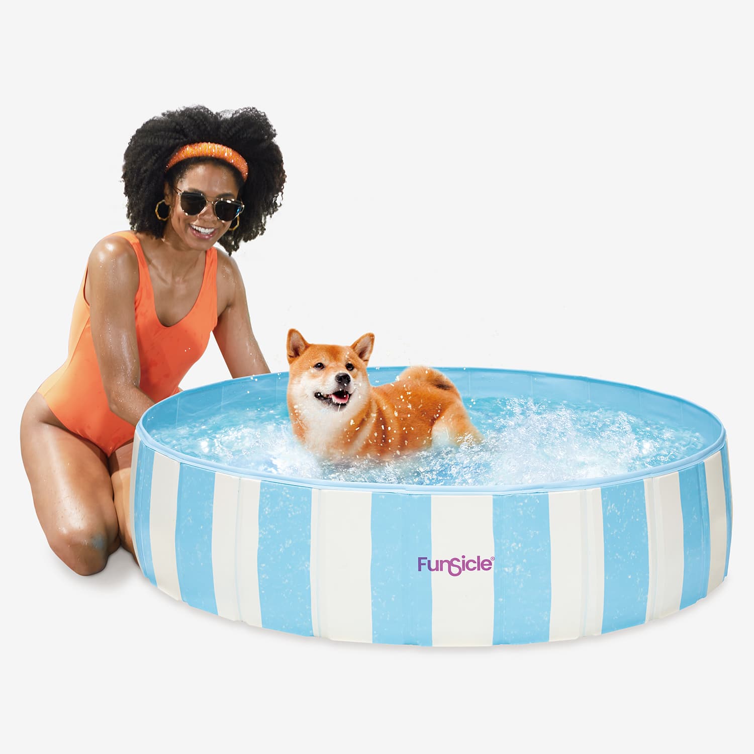 Funsicle Striped Fun Fold Pool with a model and a dog on white background