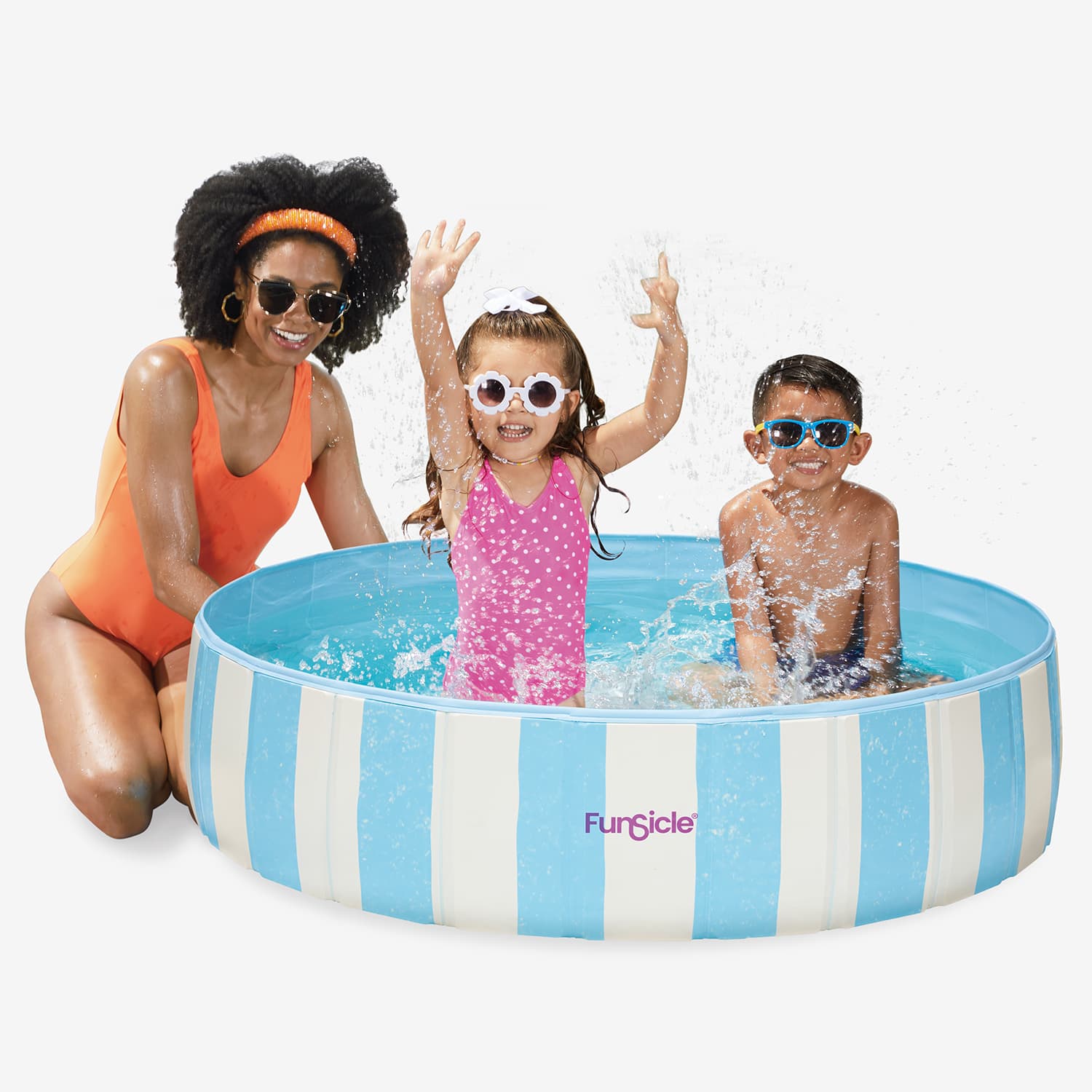 Funsicle Striped Fun Fold Pool with a model and kids on white background