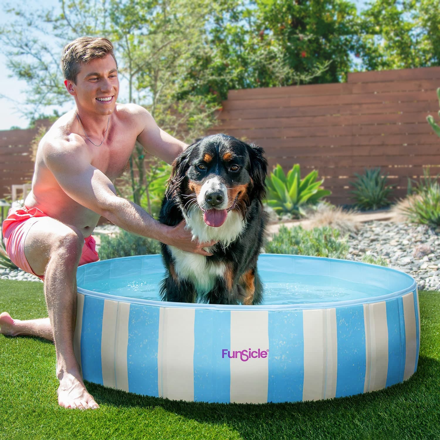 Funsicle Striped Fun Fold Pool with a model and a dog in the backyard