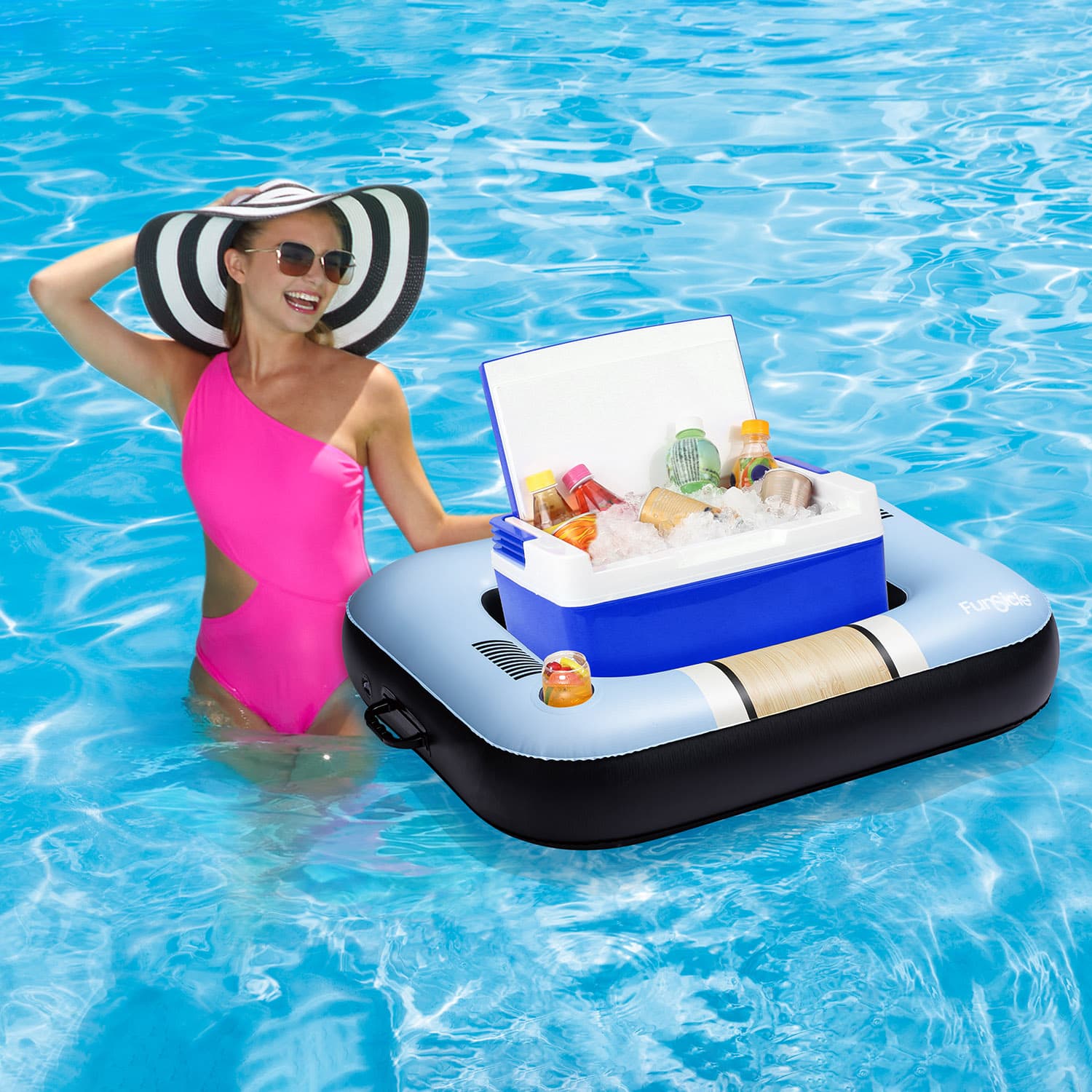 Funsicle Tahoe Cooler Float with a model next to it in water