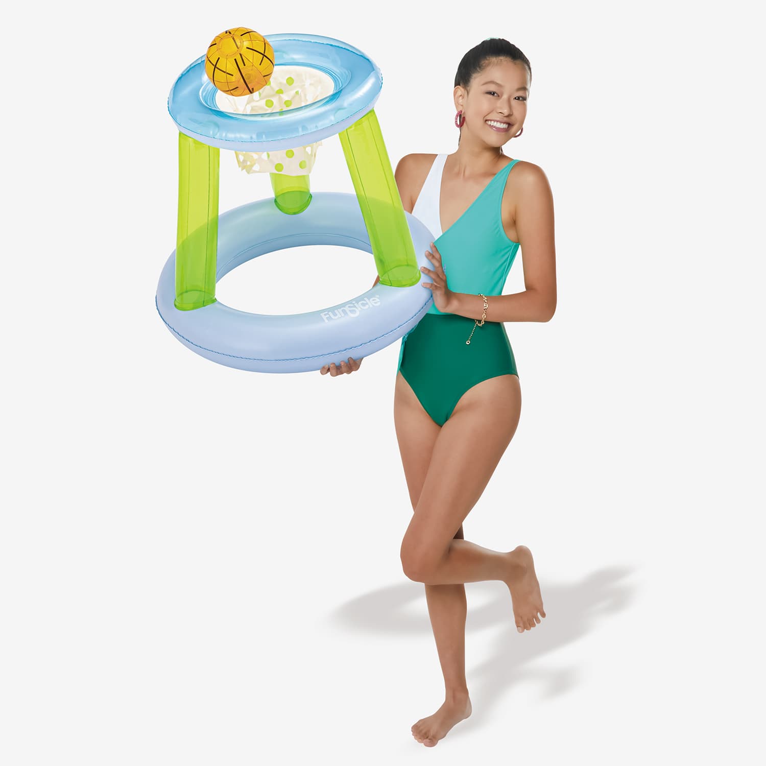 Funsicle Floating Basketball Set with a model on a white background