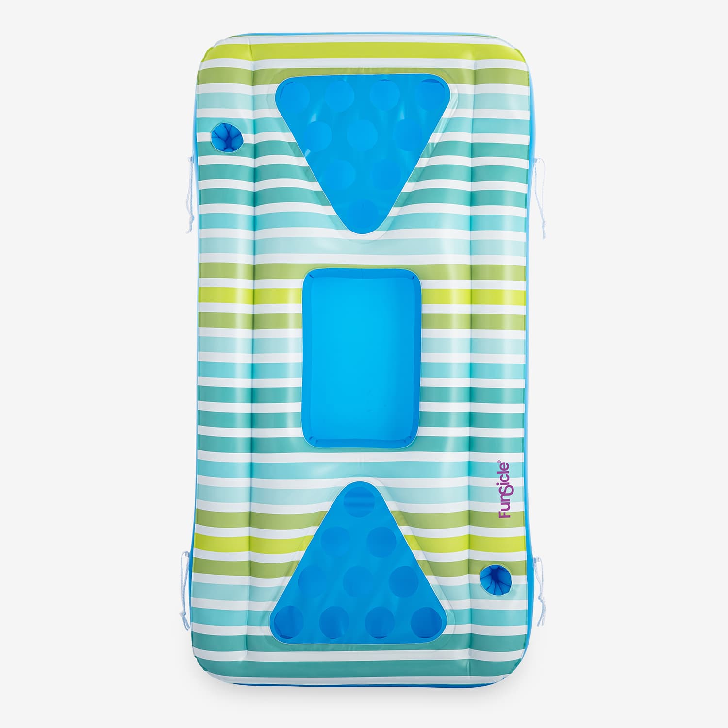 Inflatable pool float with striped pattern and blue triangles on a white background