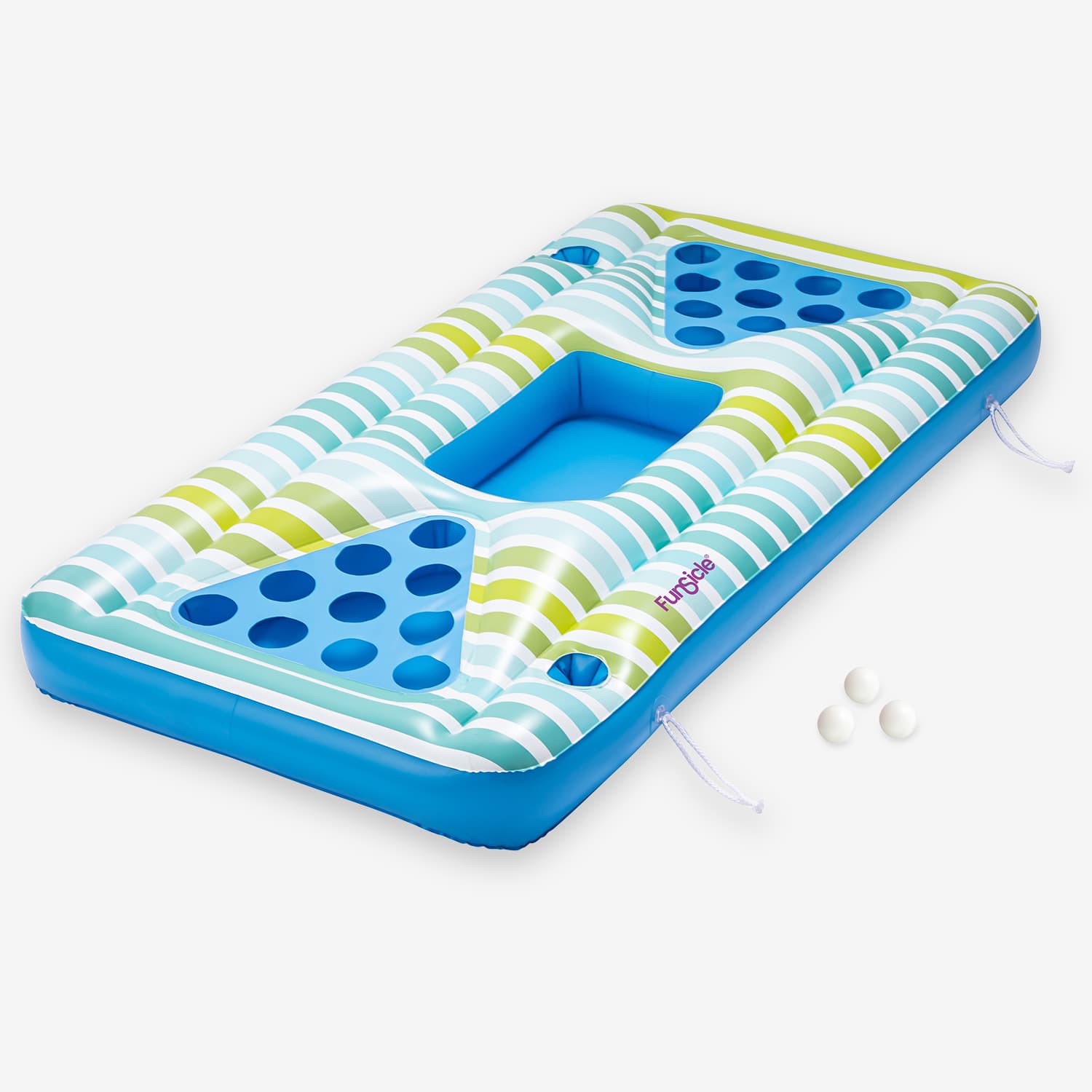 Inflatable pool float with blue and green pattern on a white background