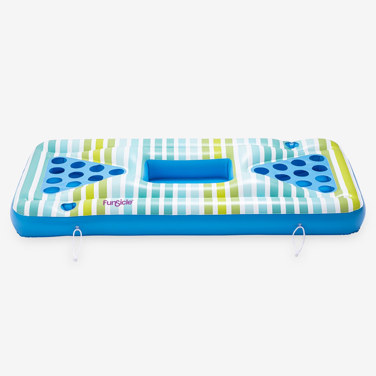 Inflatable pool toy with blue and green pattern on a white background