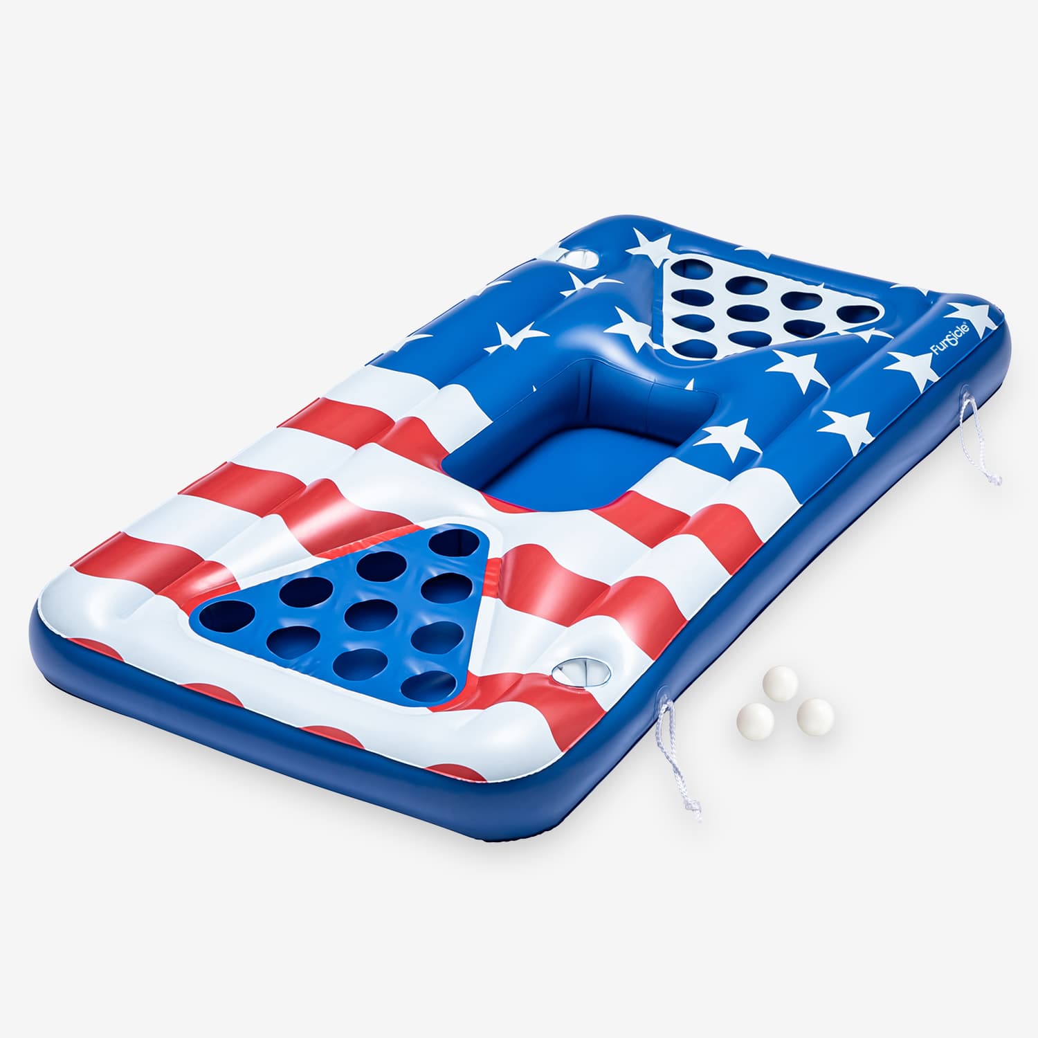 Inflatable pool pong with American flag design on a white background