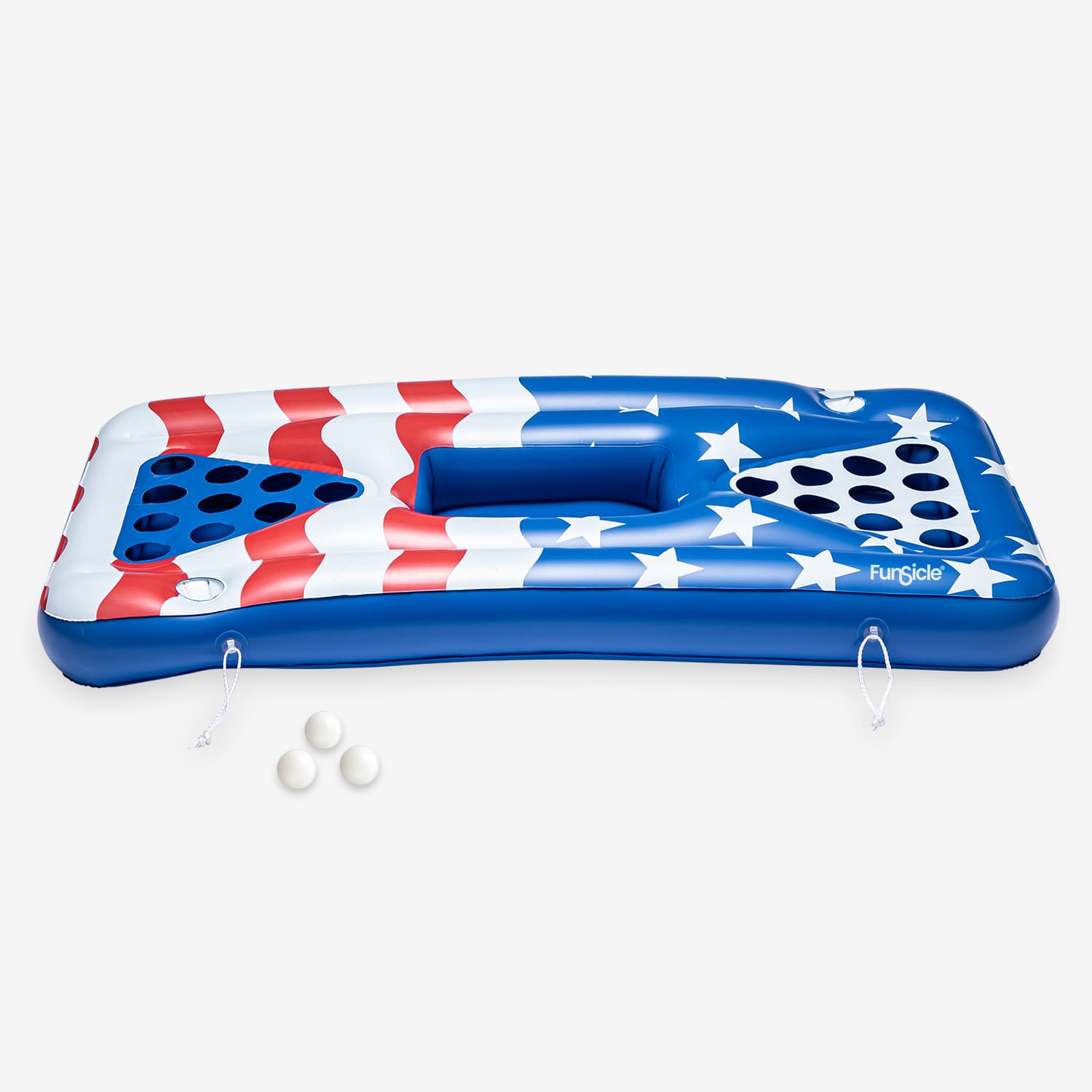 Inflatable pool pong with American flag design on a white background