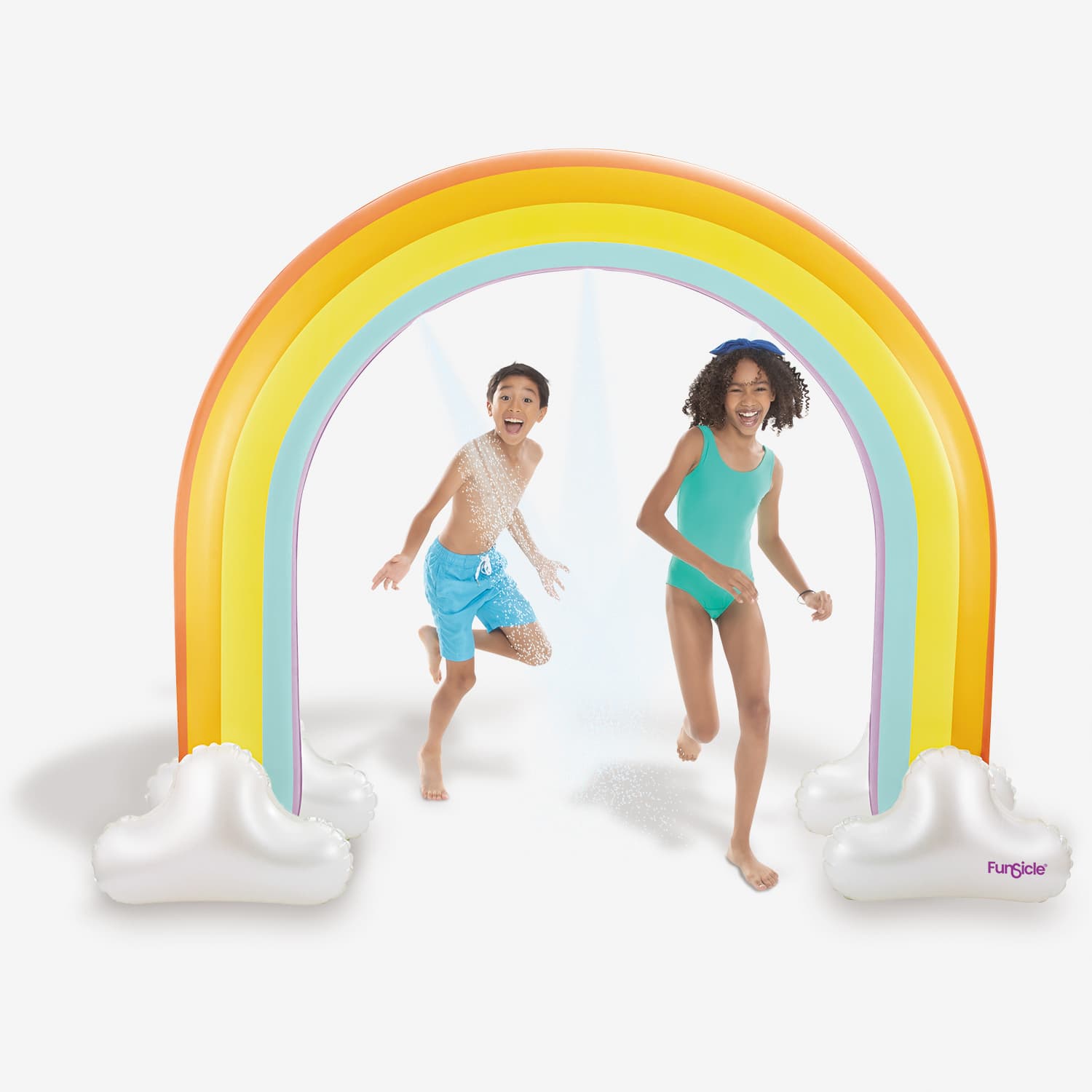 Funsicle Over the Rainbow Sprinkler with models on white background