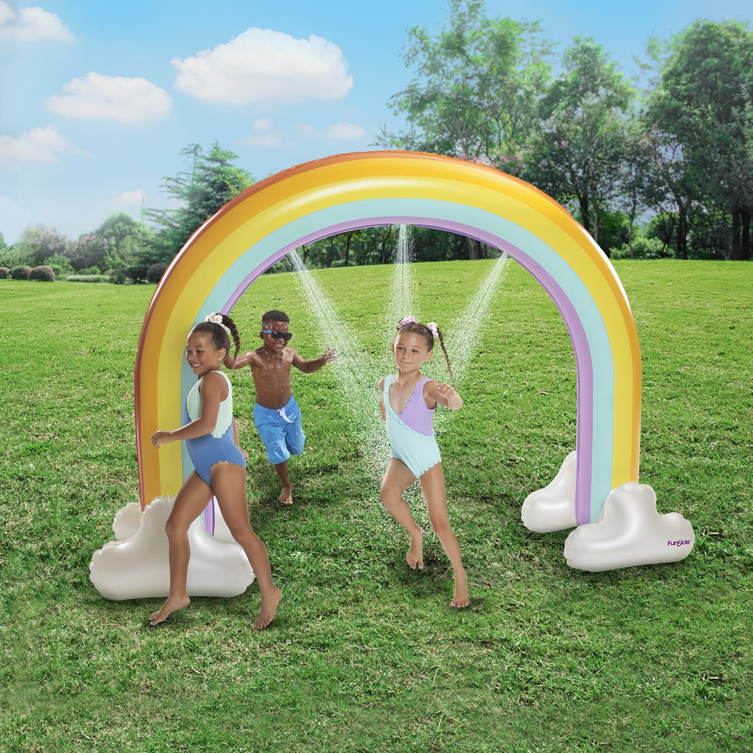 Funsicle Over the Rainbow Sprinkler with models at backyard