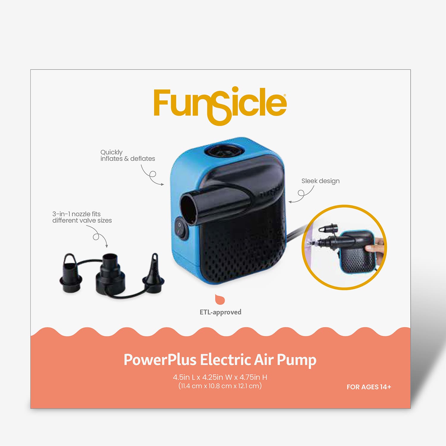 Funsicle PowerPlus Electric Air Pump packaging with product illustration and features.
