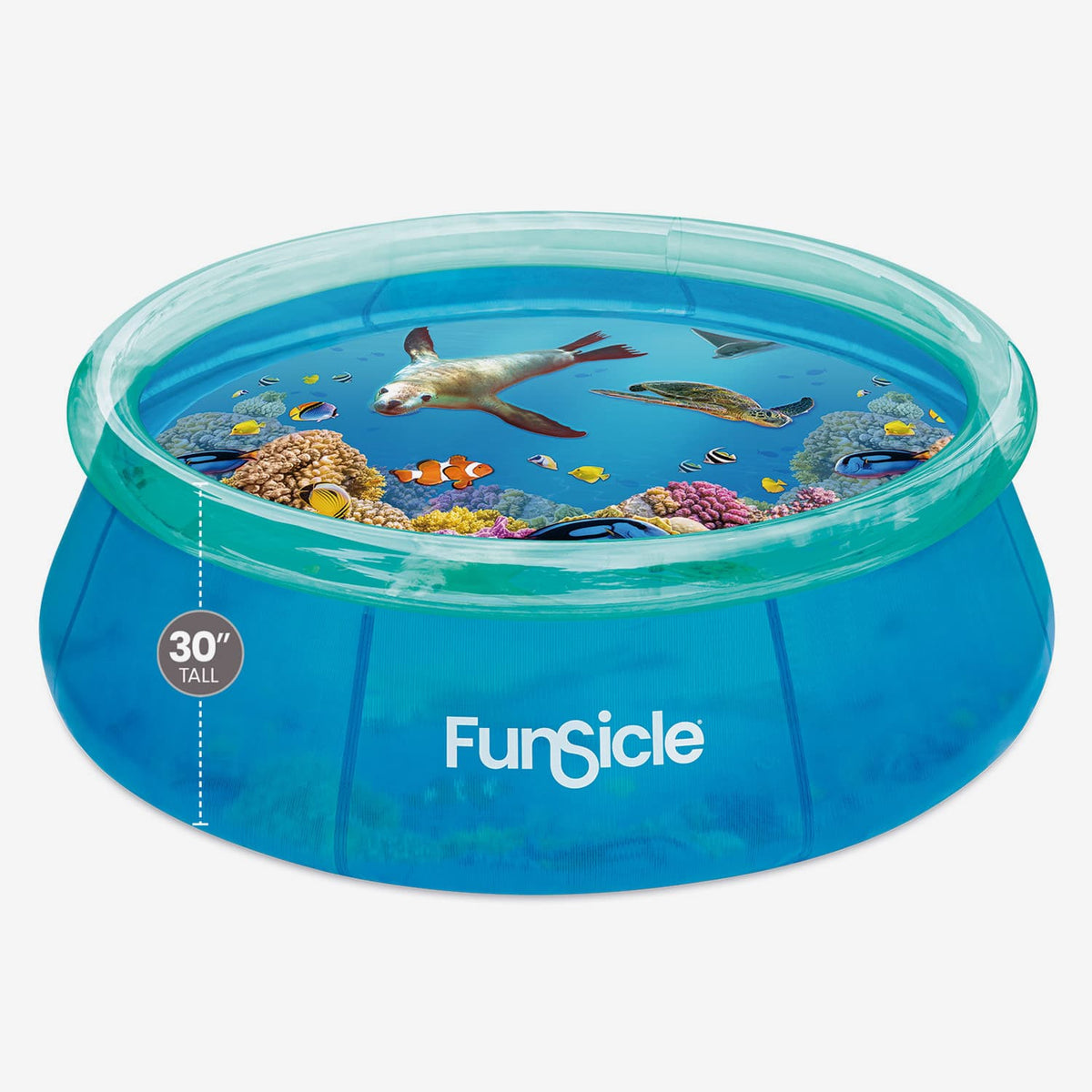 Inflatable pool with ocean-themed design and 'Funsicle' branding on a white background