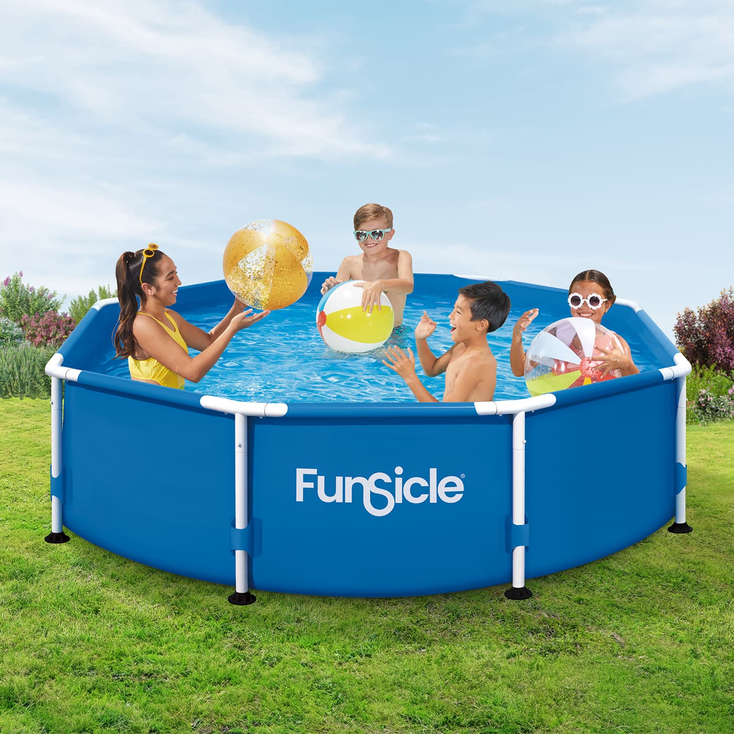 Children playing with beach balls in a blue Funsicle pool outdoors.