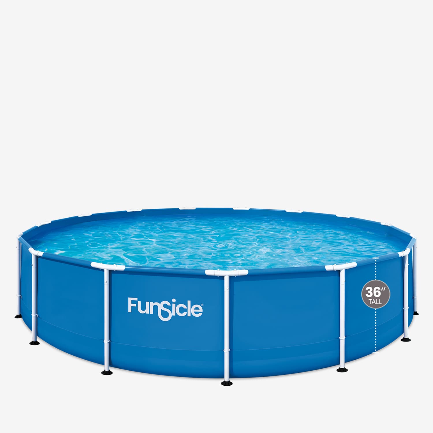 Blue above-ground pool with 'Funsicle' branding on a white background