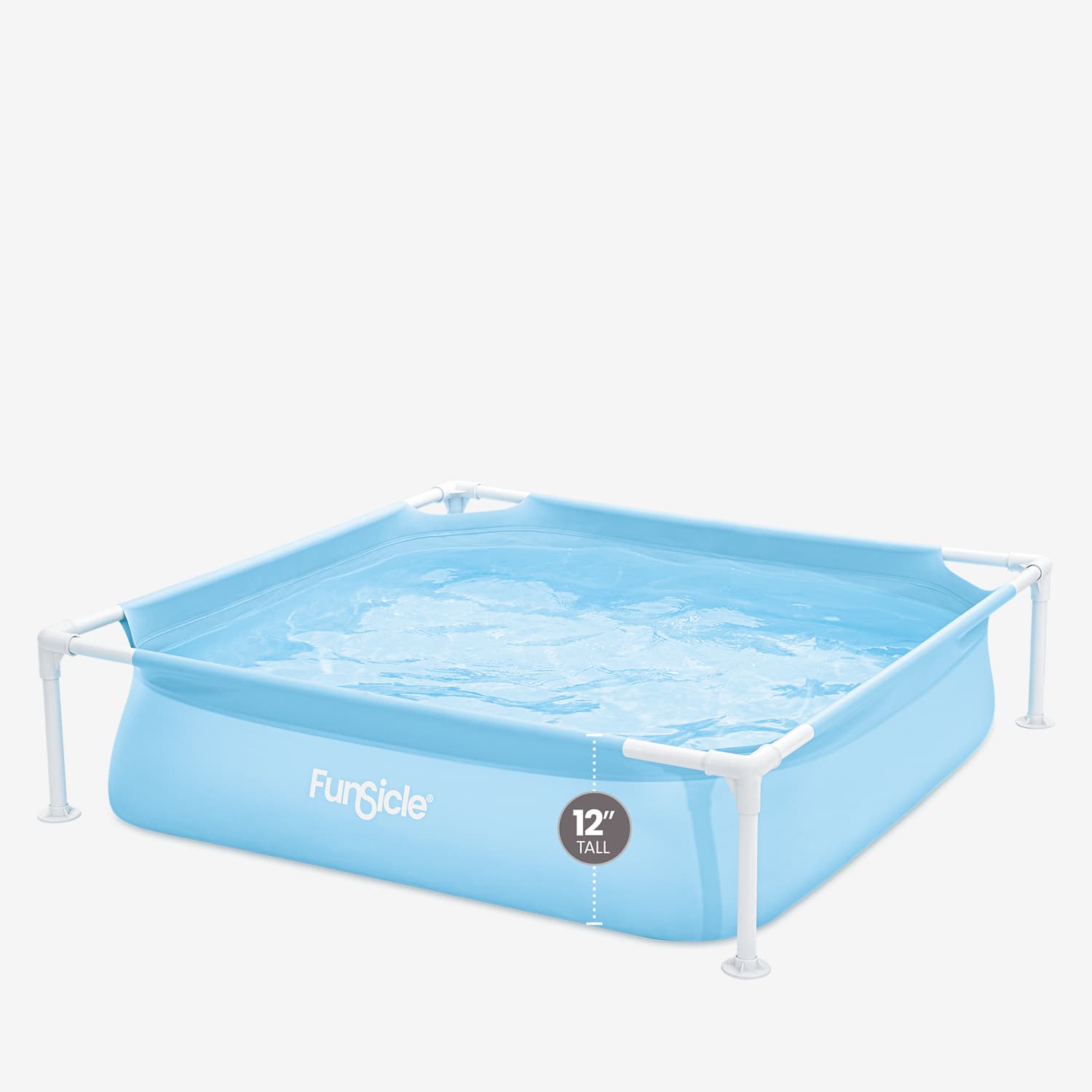Small metal frame pool with white frame and blue water on a white background