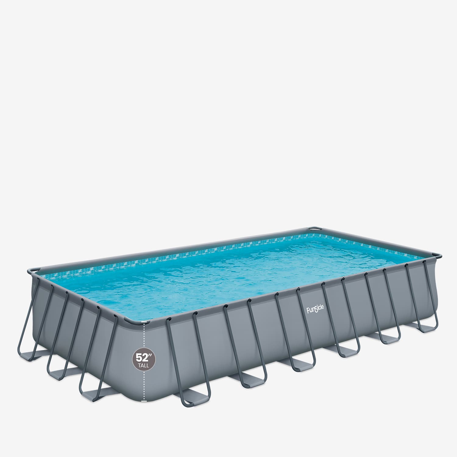 Rectangular above-ground pool with blue water on a white background