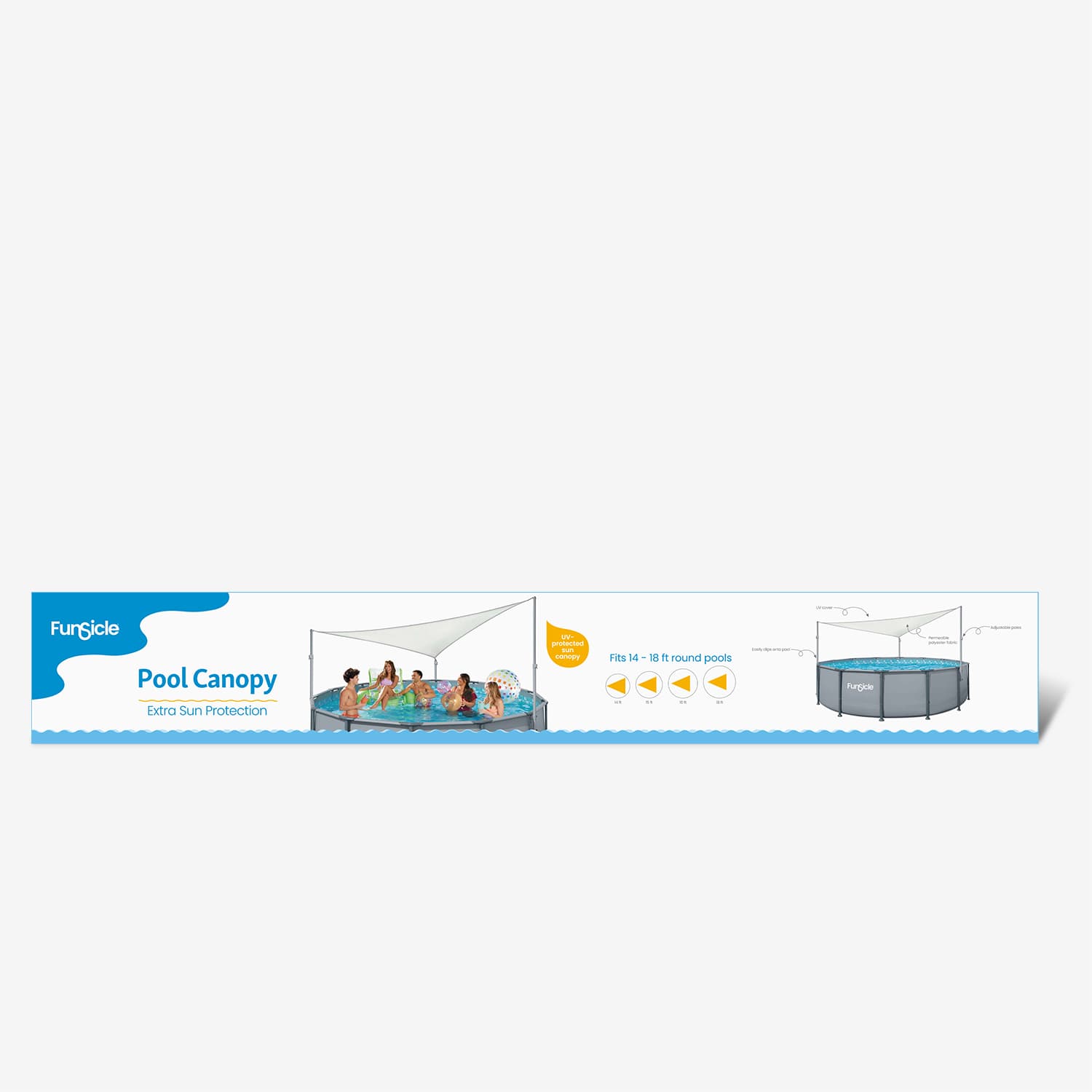 Funsicle Pool Canopy advertisement with people in a pool and text on a white background