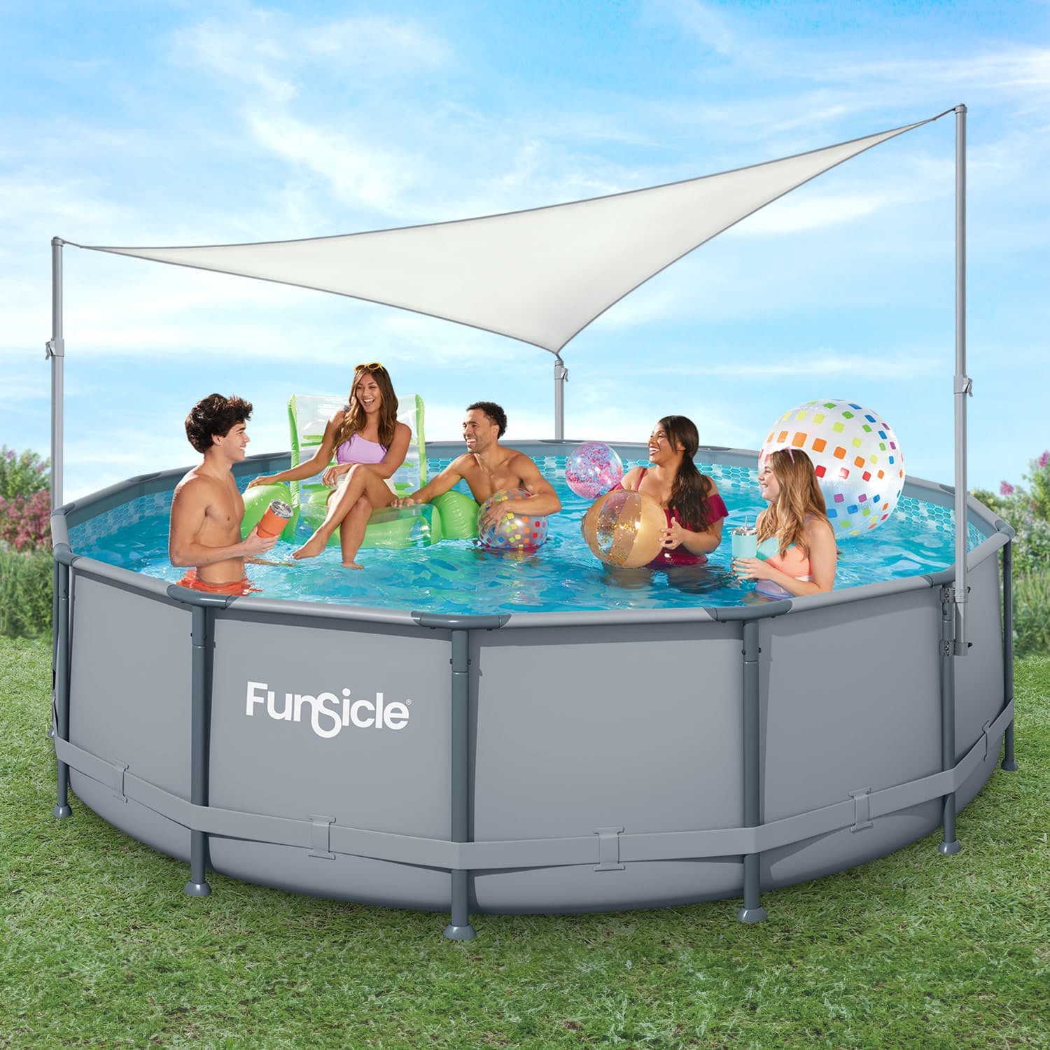 Funsicle Pool Canopy with models in a grass background