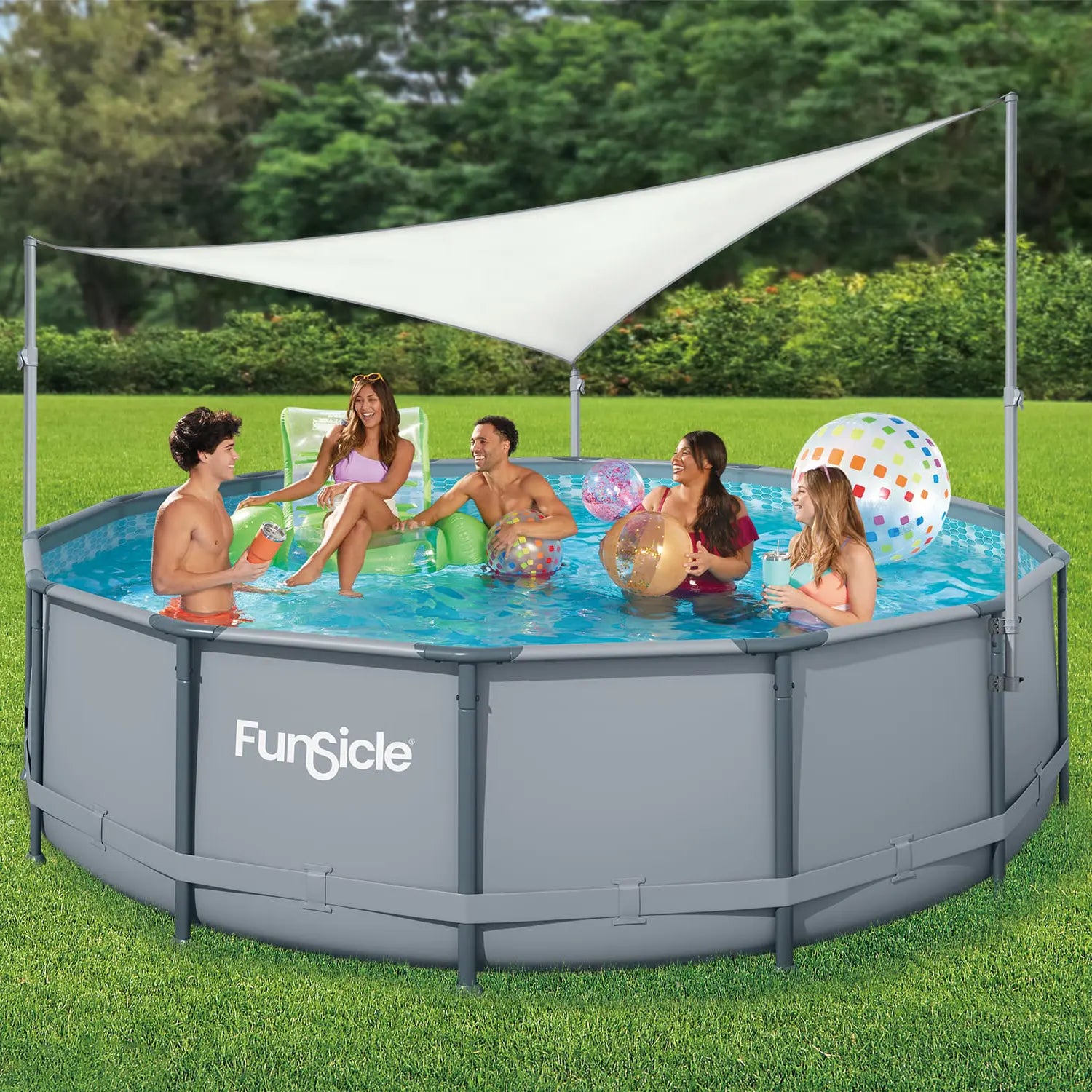 Funsicle Pool Canopy with models in a grass background