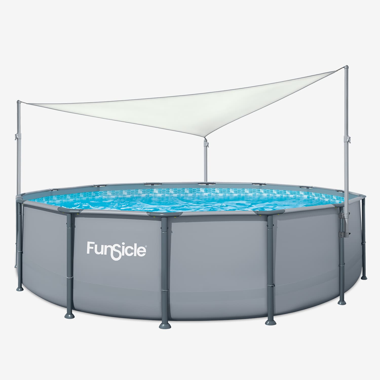 Round above-ground pool with canopy and 'Funsicle' branding on a white background