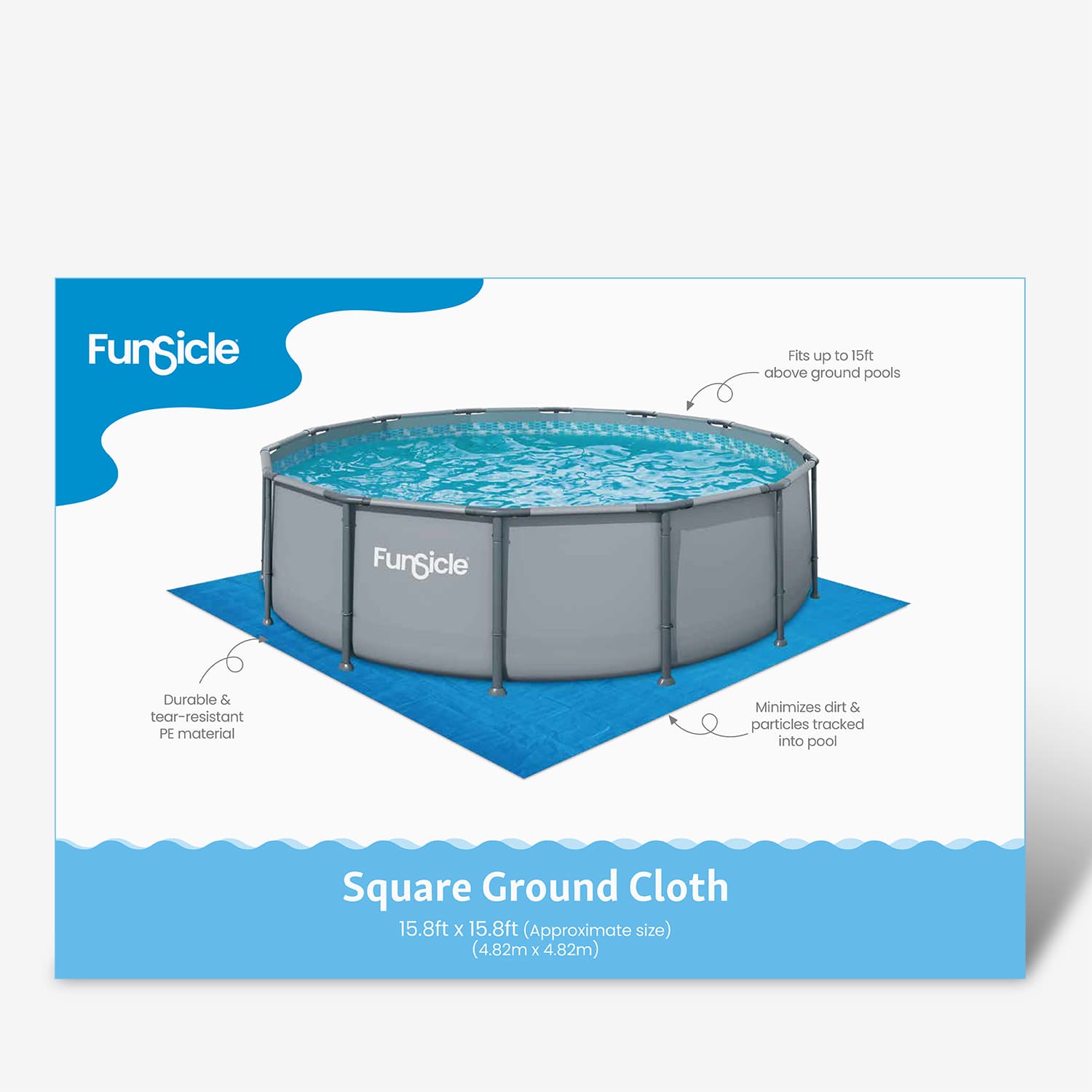 Funsicle square ground cloth packaging for an above-ground pool on a white background