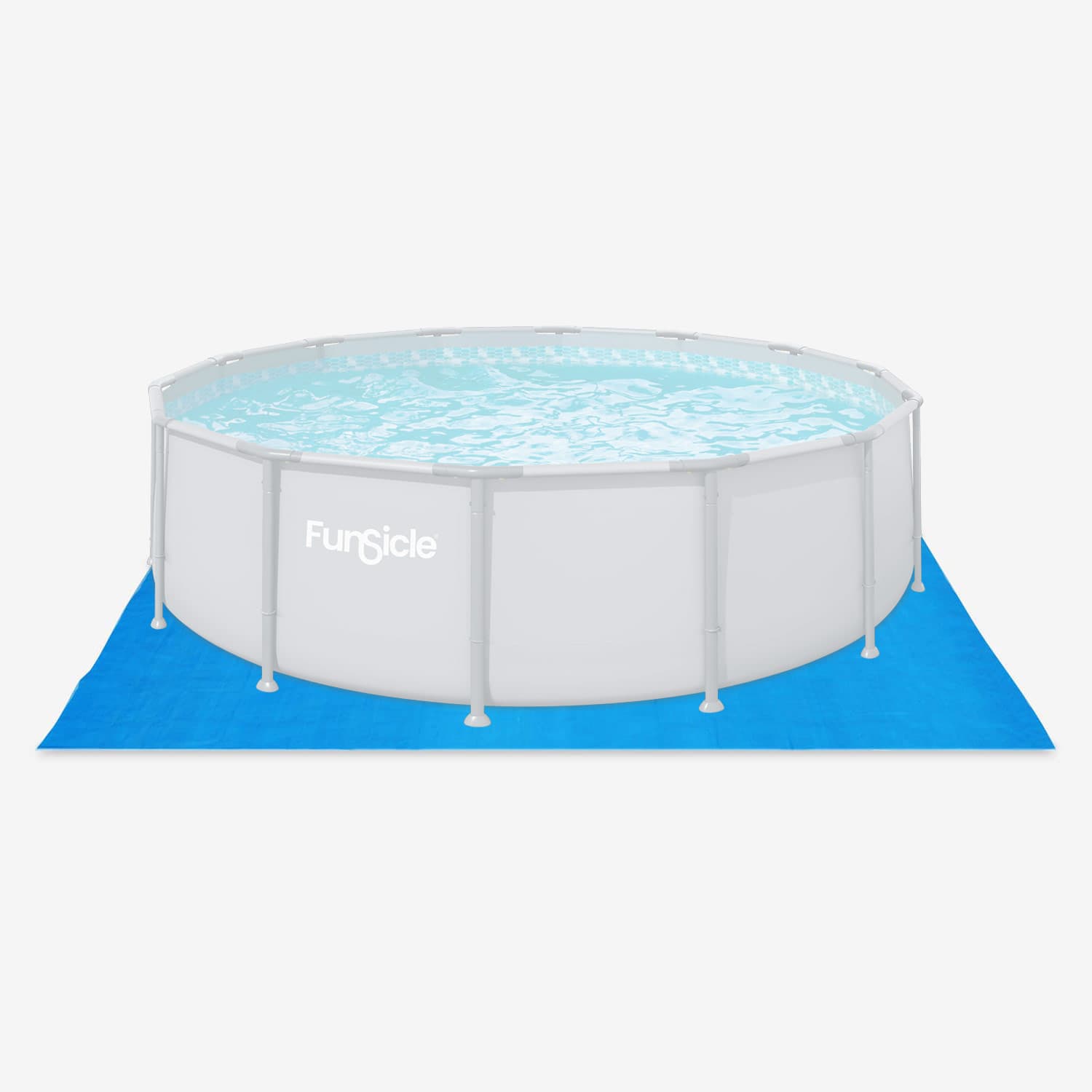 Round above-ground pool with blue ground cloth on a white background