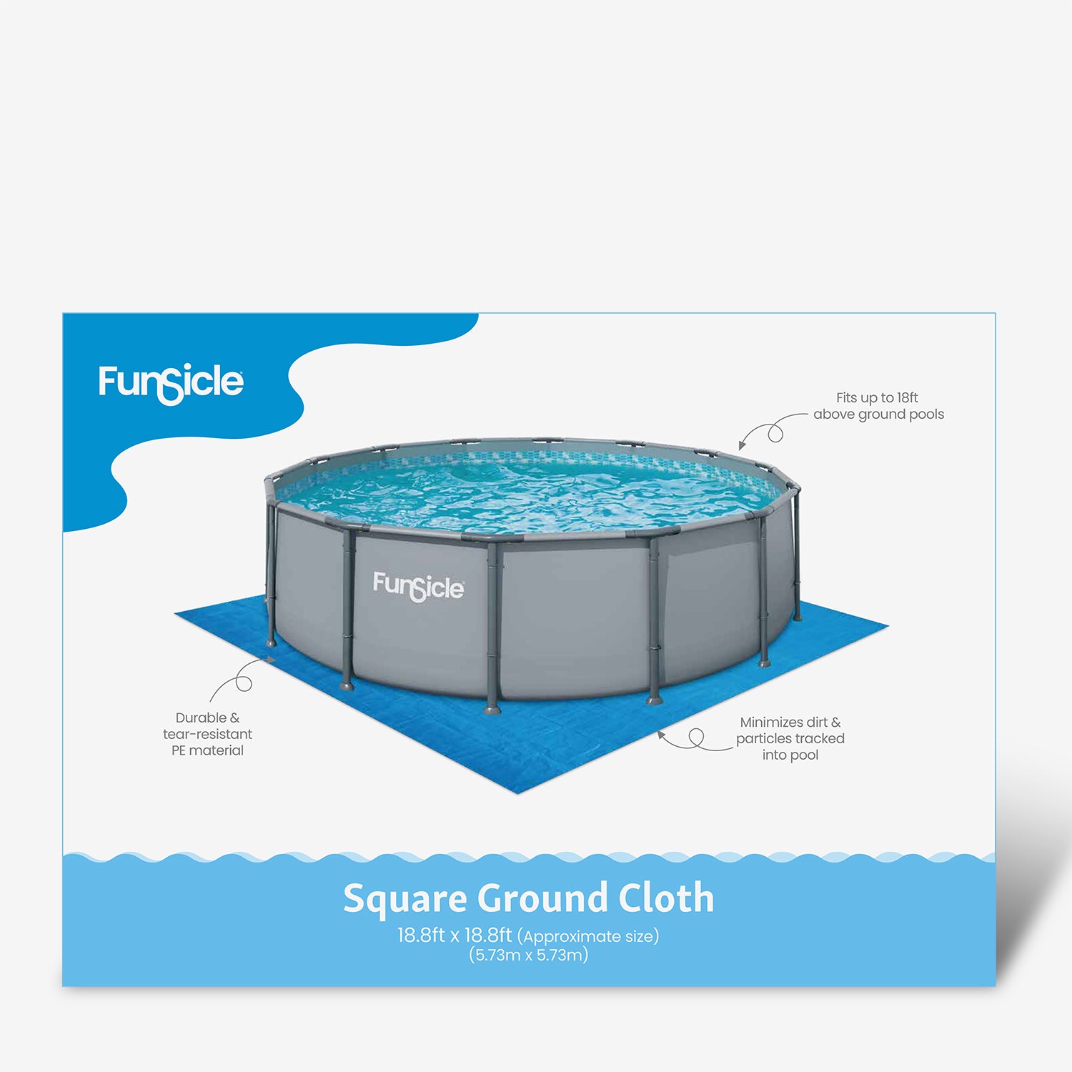 Funsicle square ground cloth packaging for a pool on a white background