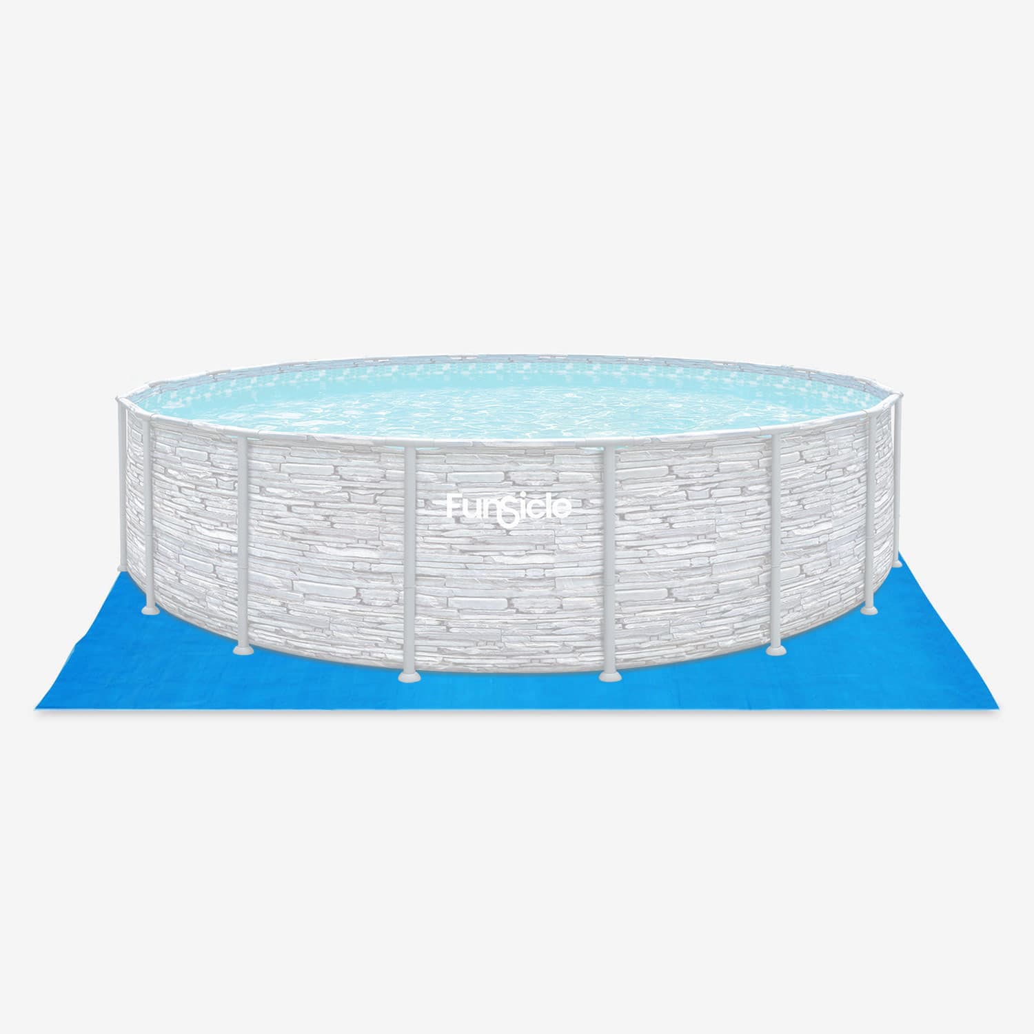 Funsicle above-ground pool with white stone-like design on a blue ground cloth against a white background
