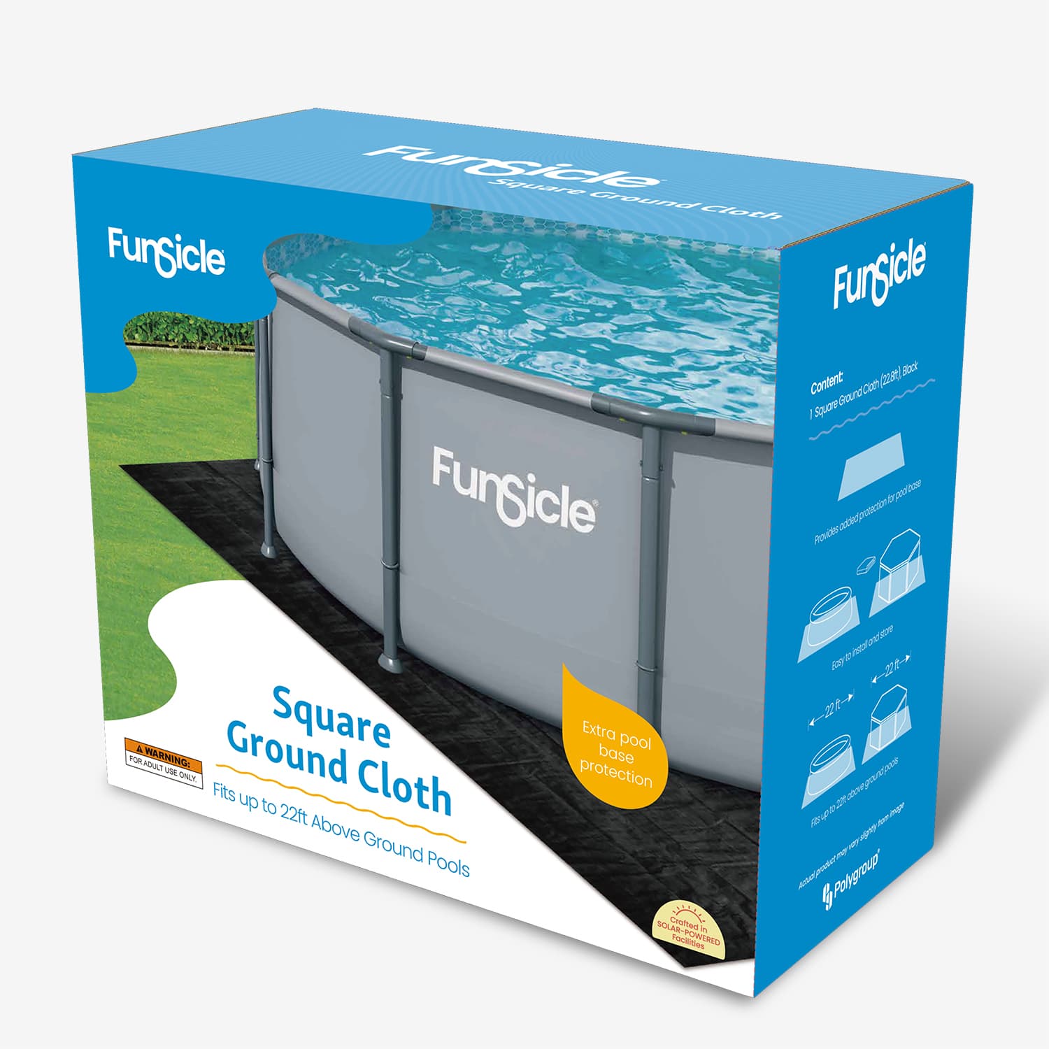 Funsicle pool ground cloth packaging box with pool image on a white background