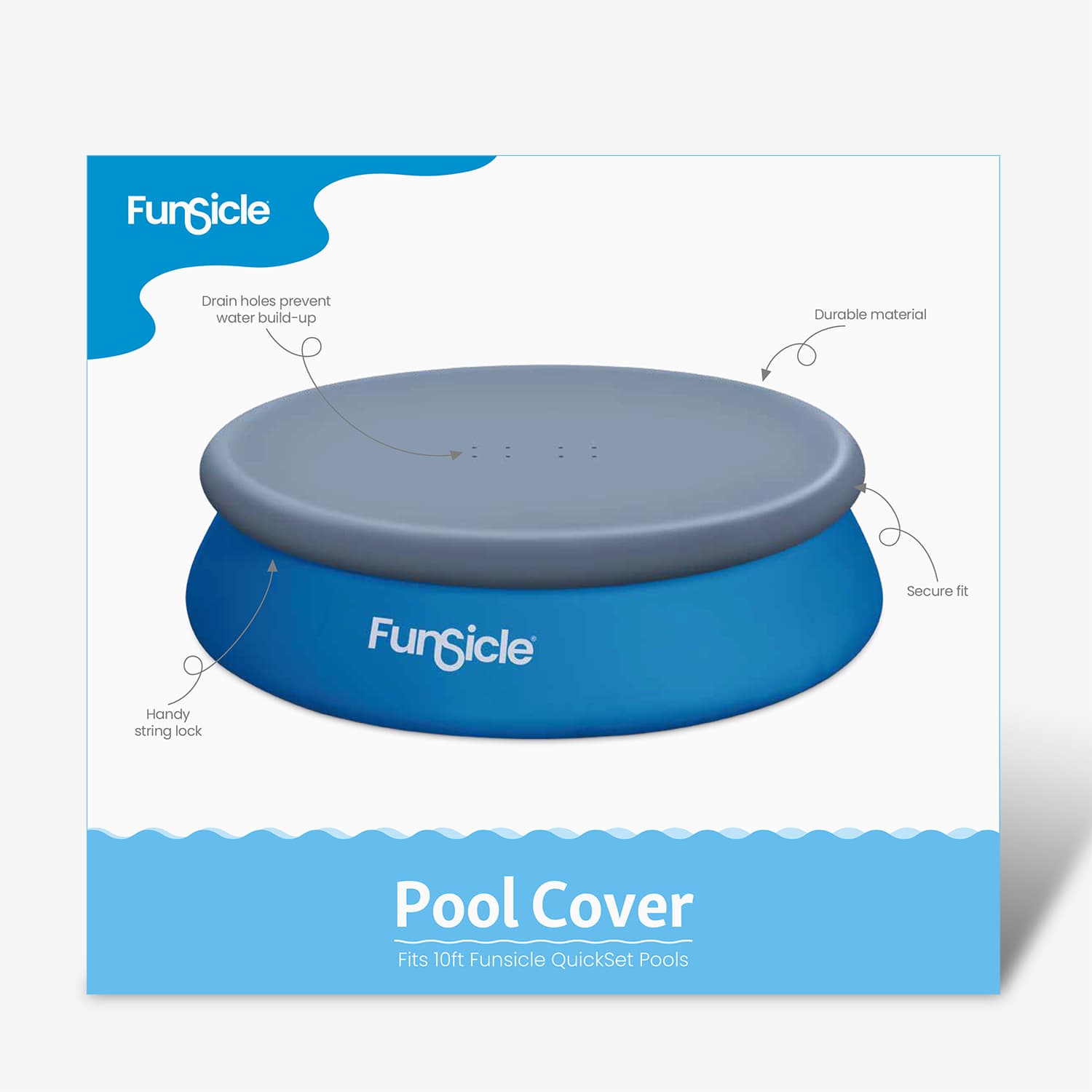 Funsicle pool cover packaging with product illustration on a white background