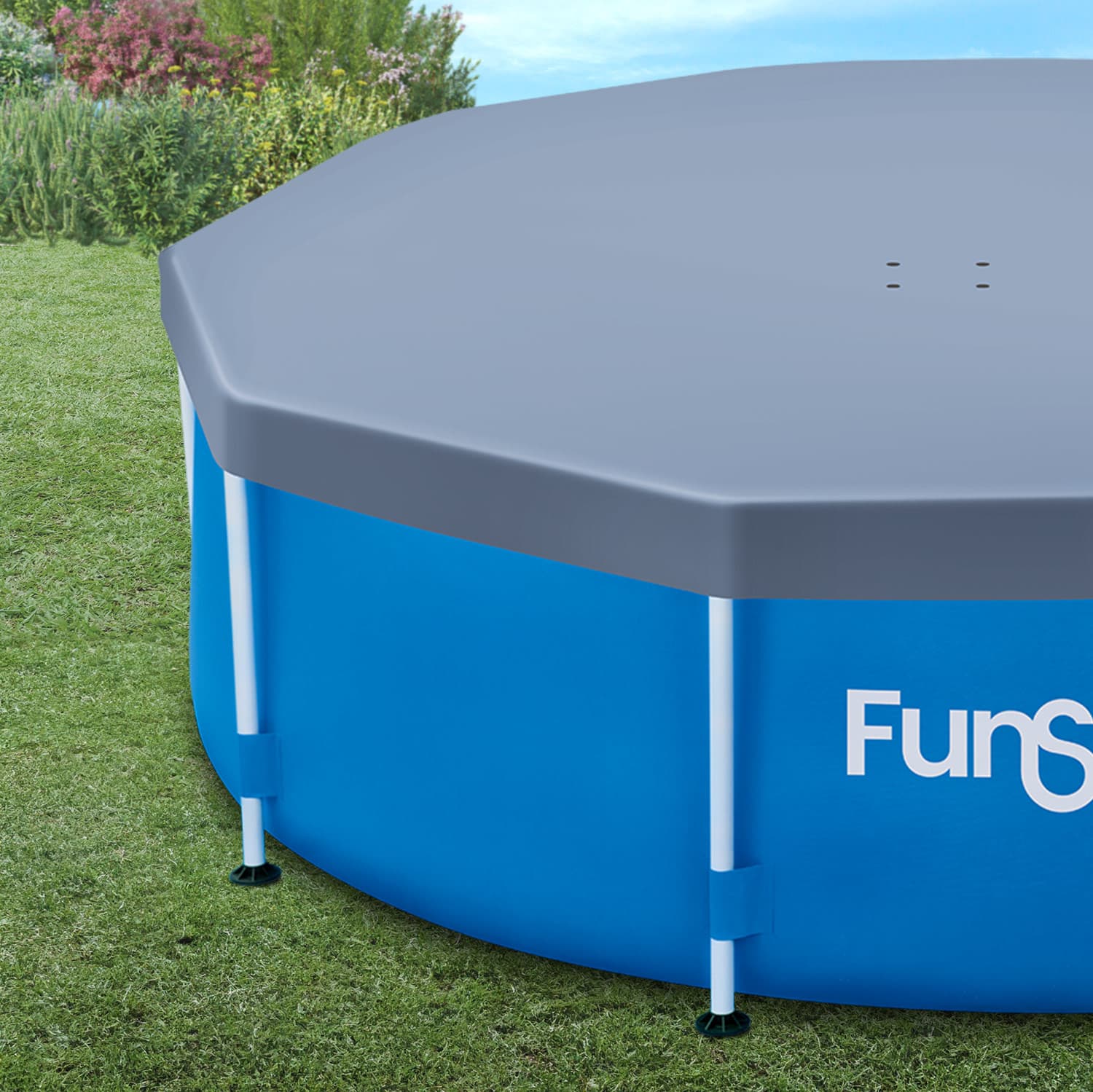 Funsicle 10ft Frame Pool Cover with Funsicle Activity Pool on a grass background