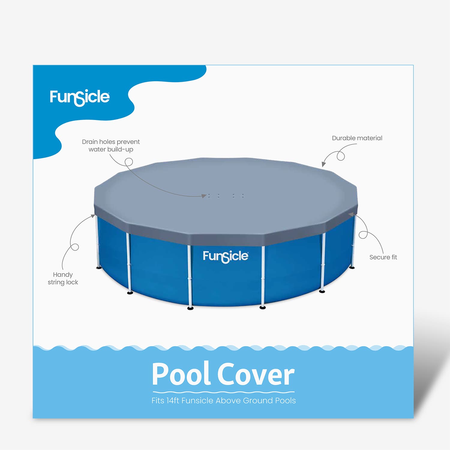 Funsicle pool cover packaging with pool illustration on a white background