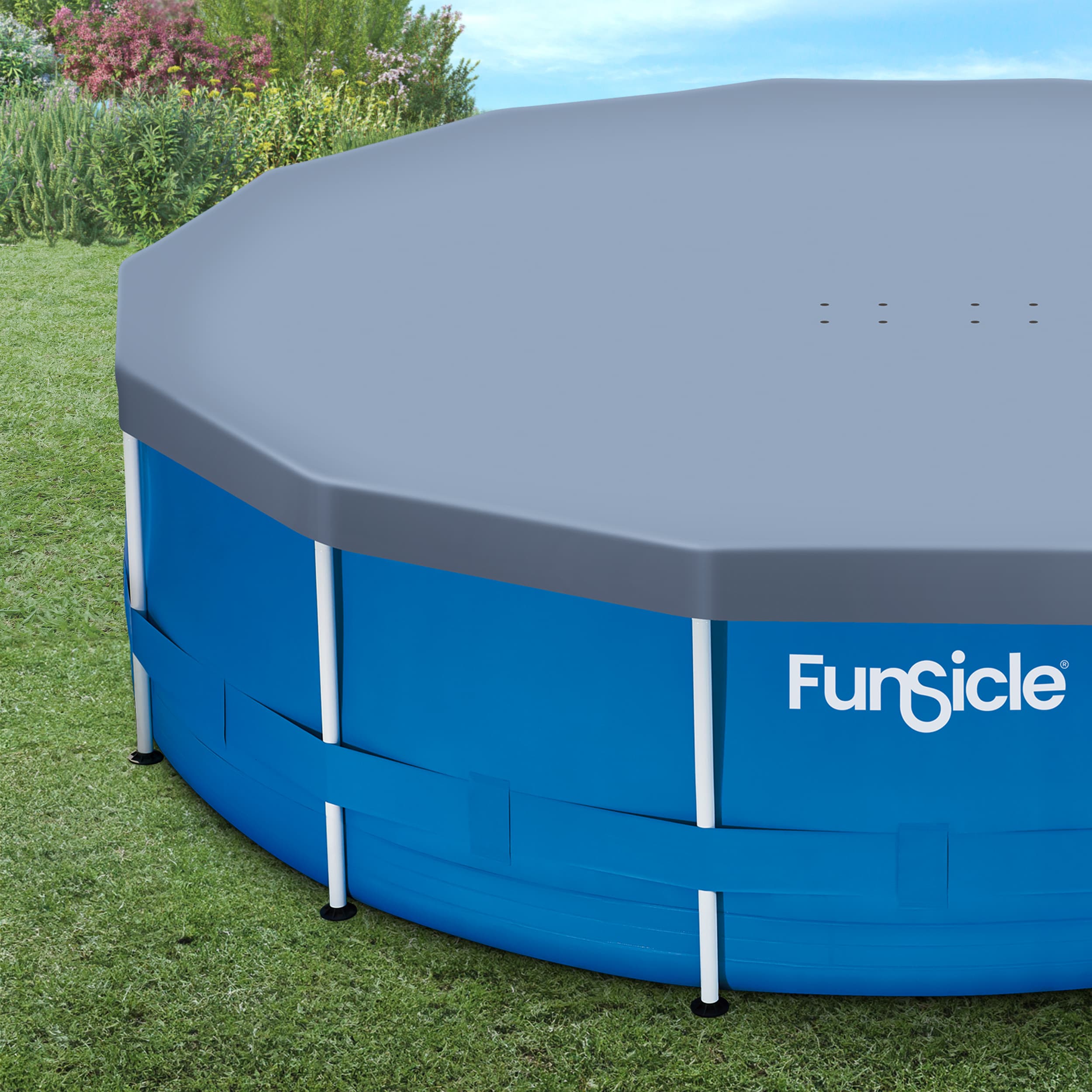 Funsicle 14ft Frame Pool Cover on a grass background