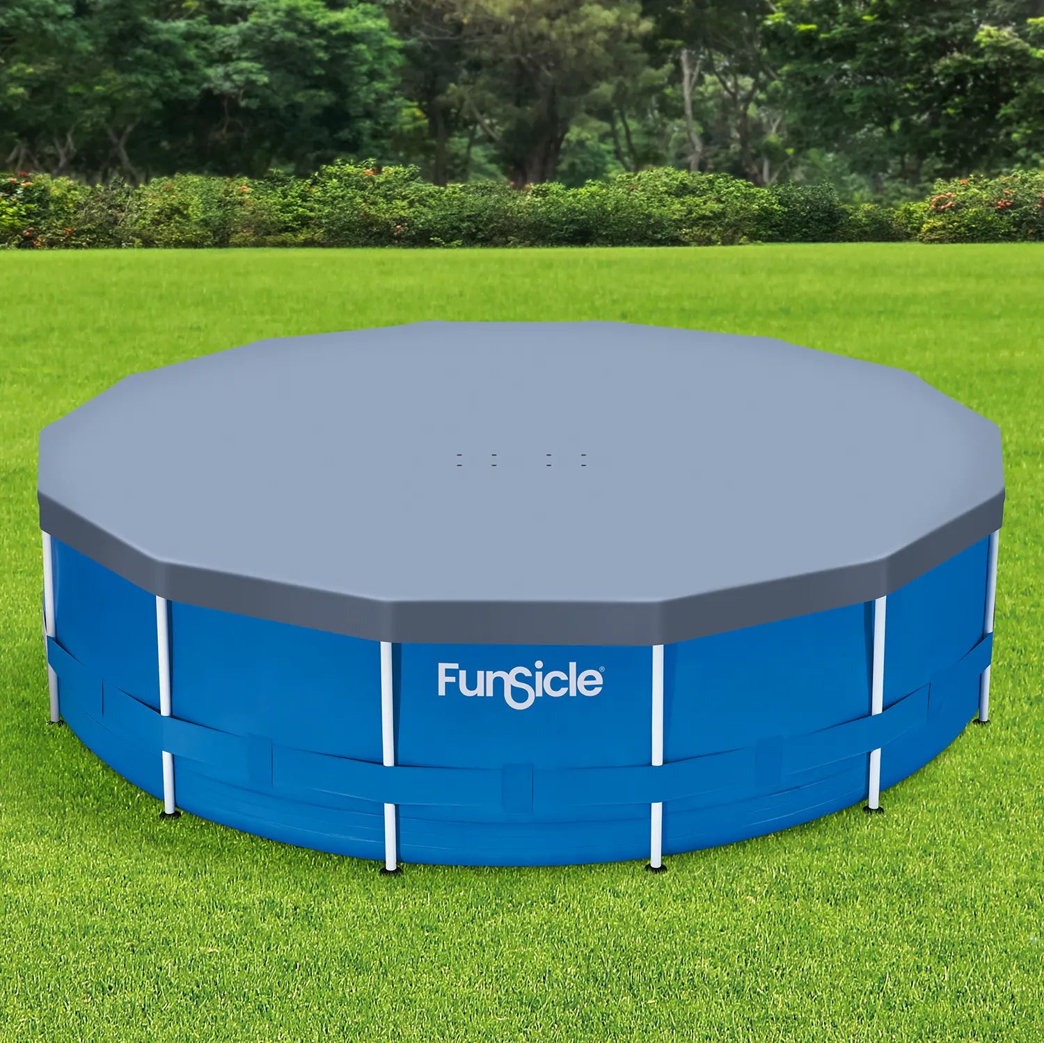 Funsicle 14ft Frame Pool Cover on a grass background