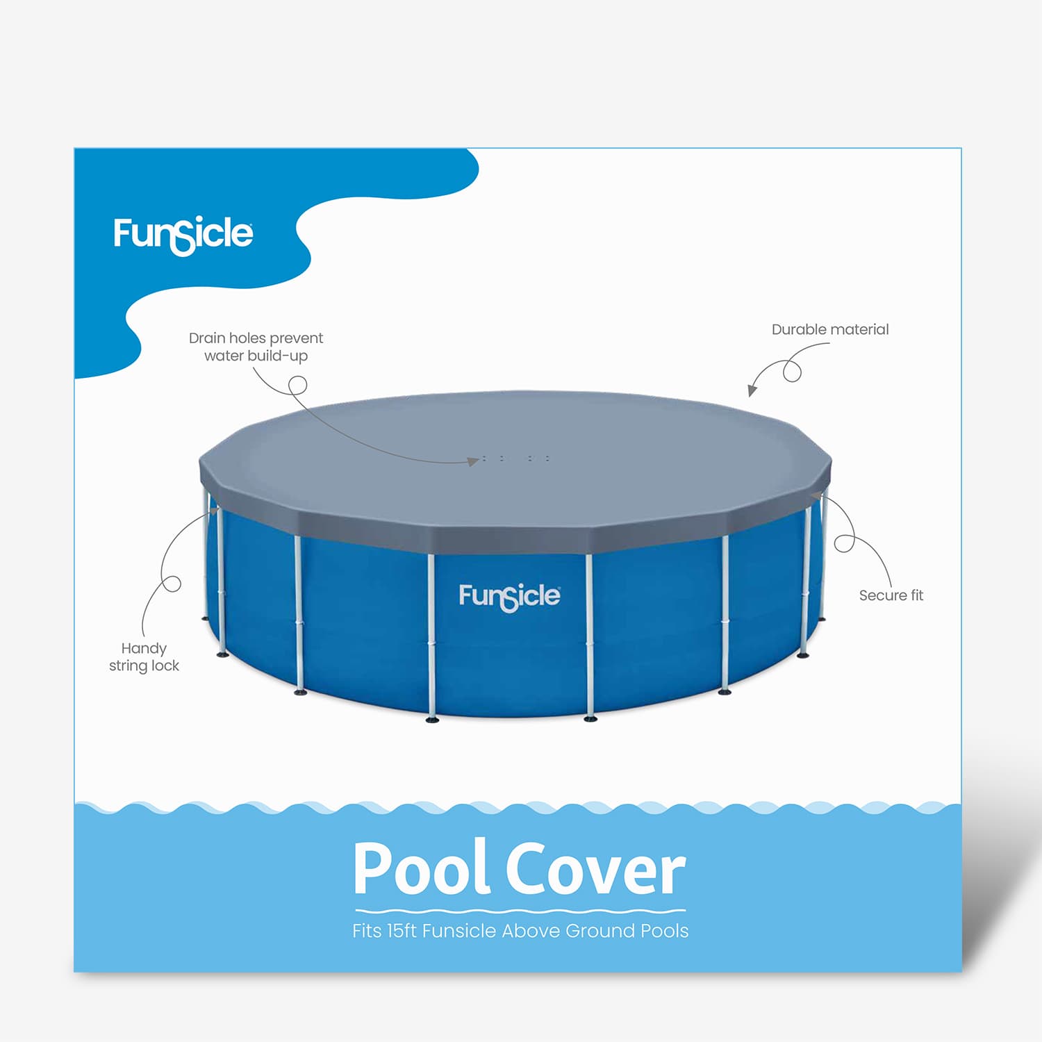 Funsicle pool cover packaging with pool illustration on a white background