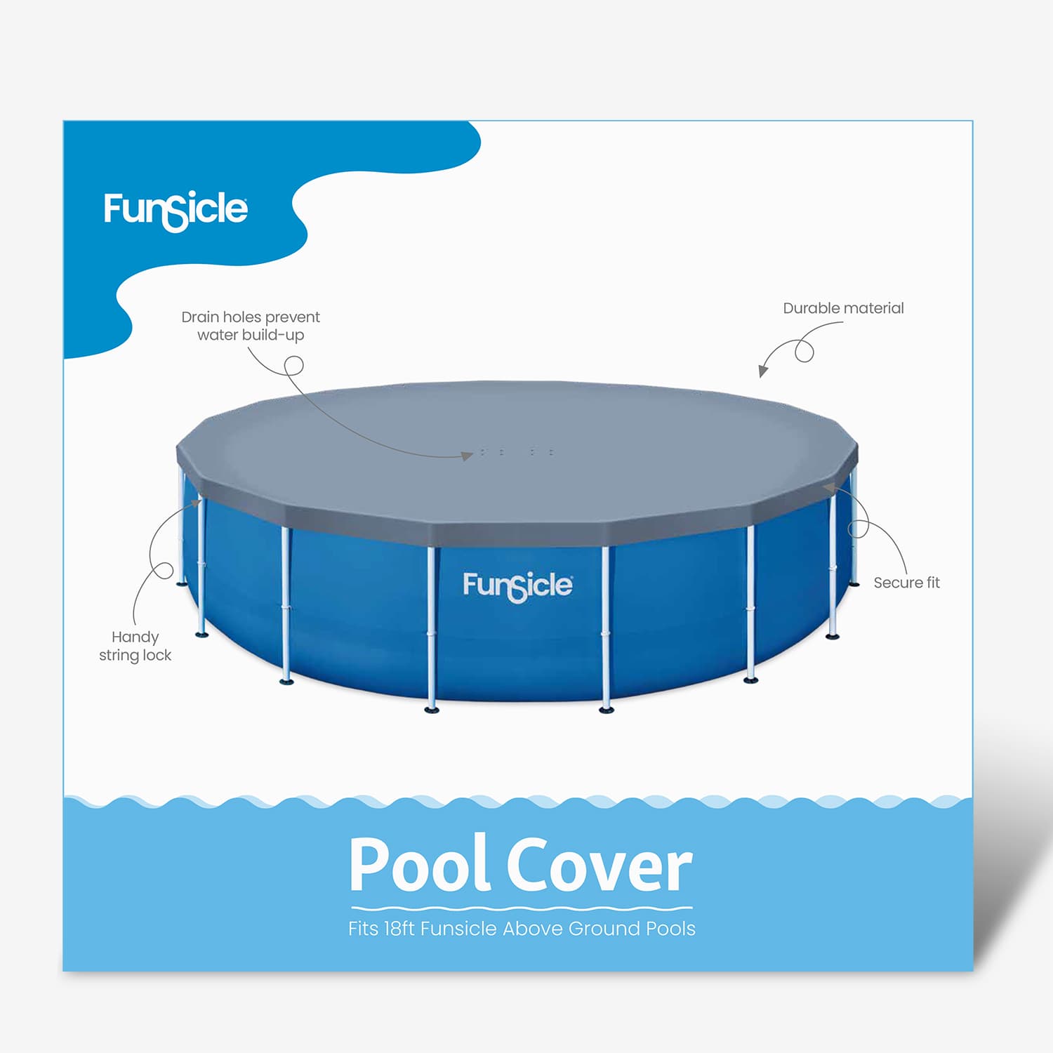 Funsicle pool cover packaging with pool illustration and features.