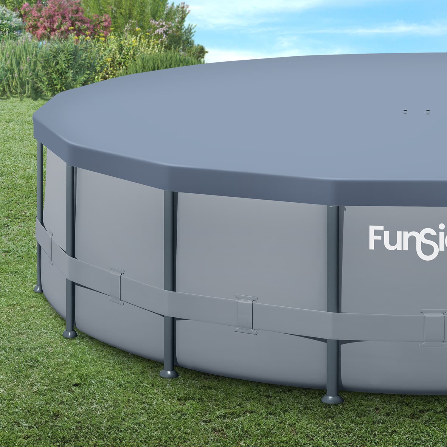 Funsicle 26ft Frame Pool Cover with Funsicle Oasis Pool on a grass background