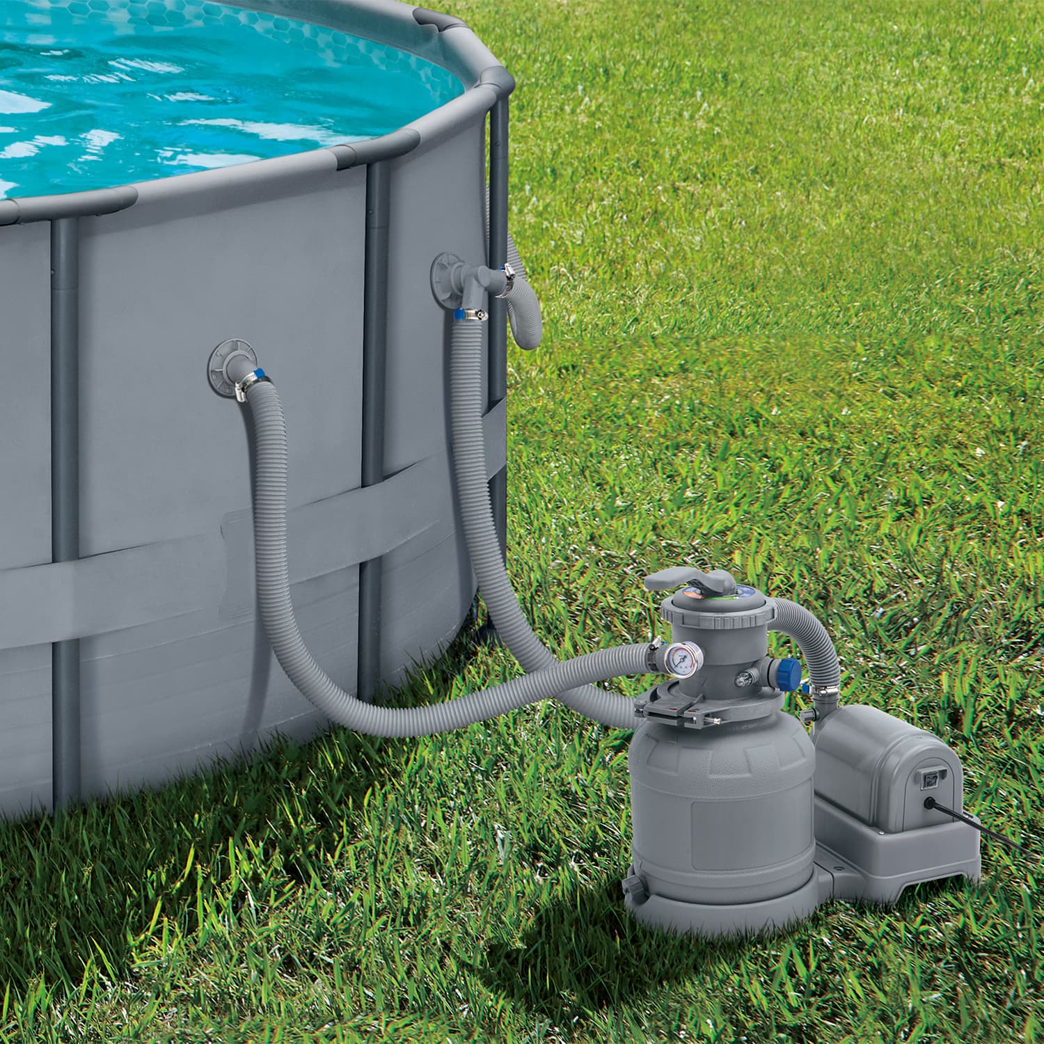 Funsicle 10&quot; Sand Filter Pump attached to Funsicle Oasis Pool on a grass background