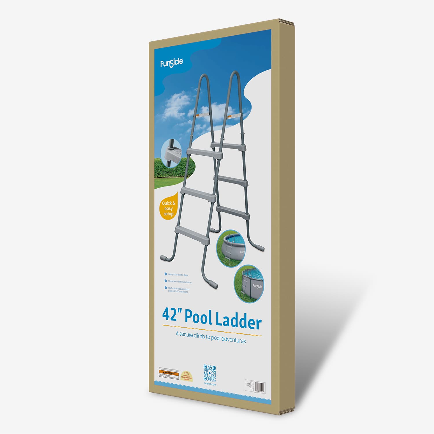 Box packaging of a 42-inch pool ladder with branding on a white background