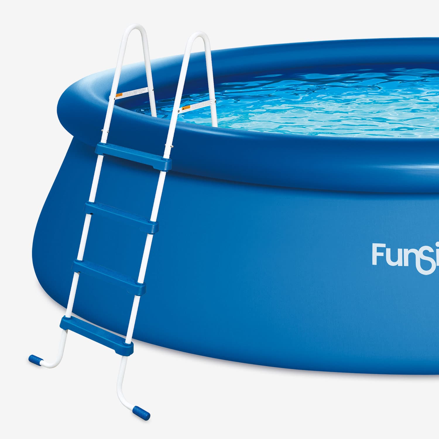 Blue inflatable pool with a white ladder on a white background