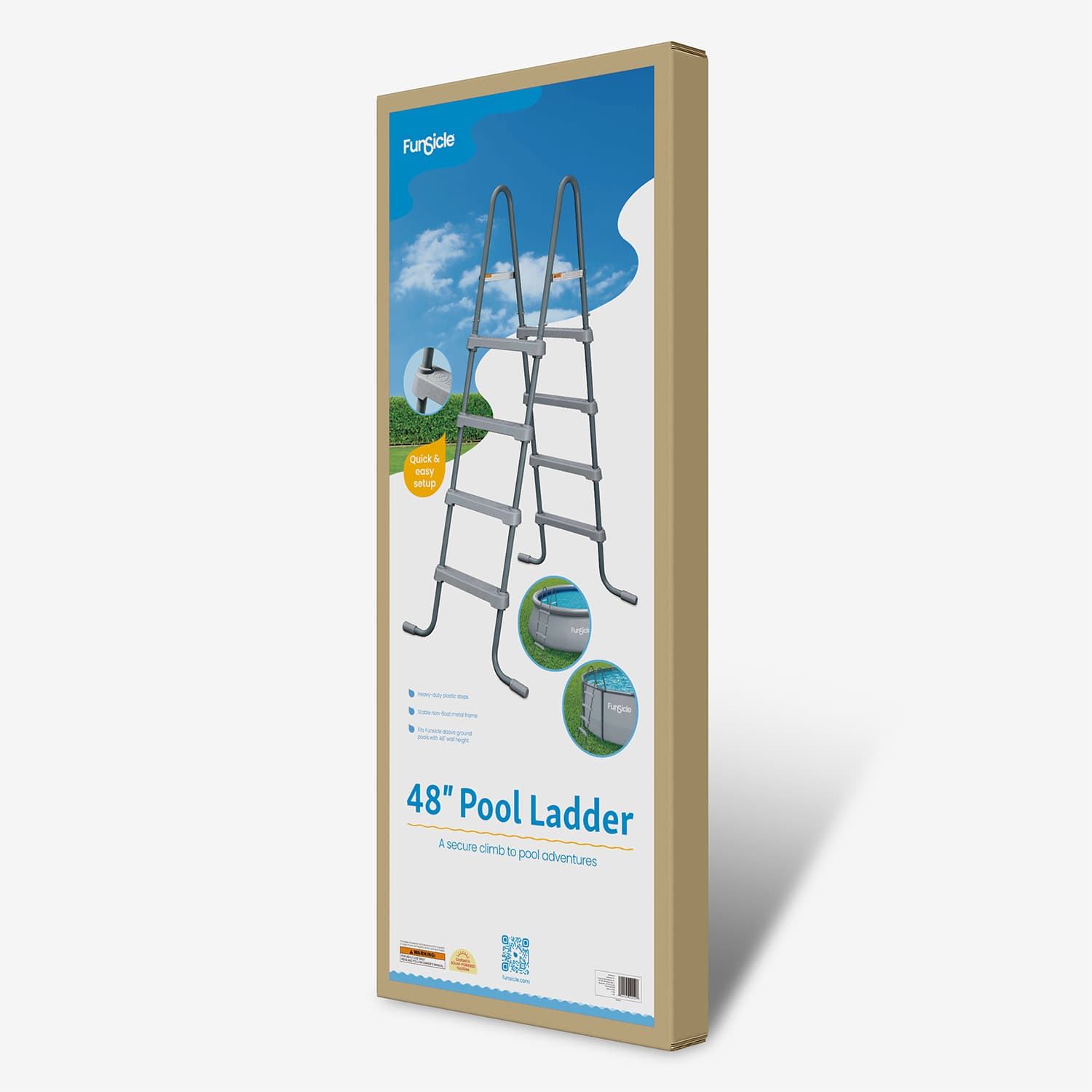 Packaging of a 48-inch pool ladder with a blue sky and clouds design.