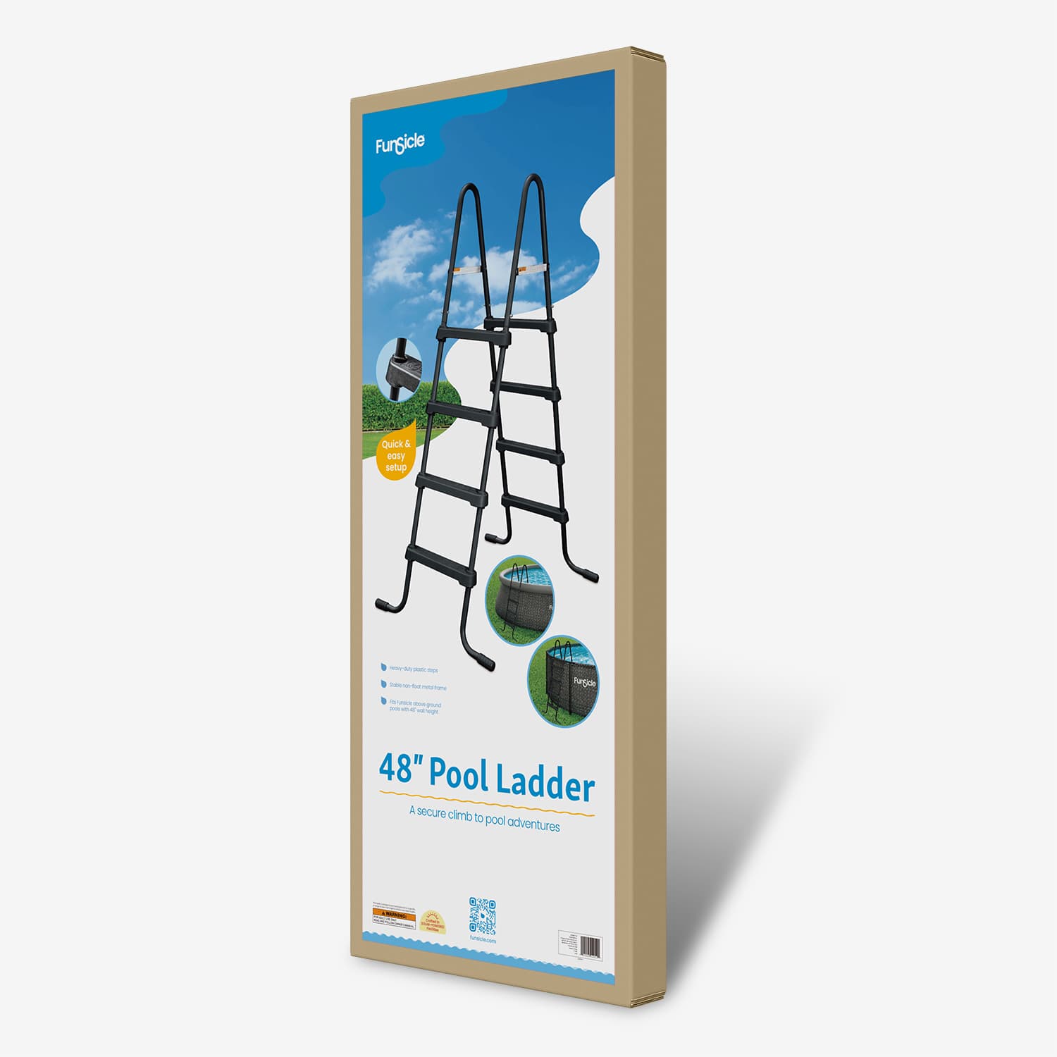 Packaging of a 48-inch pool ladder with a blue sky and clouds design.
