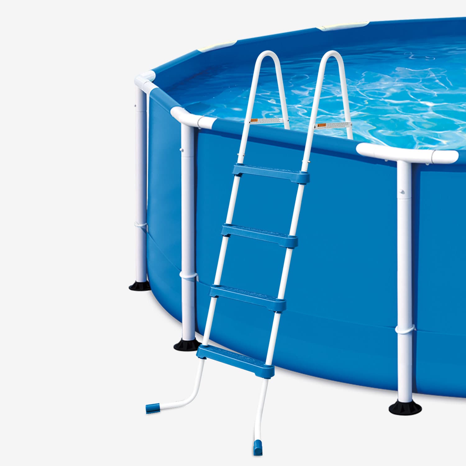 Blue above-ground pool with a white ladder on a white background