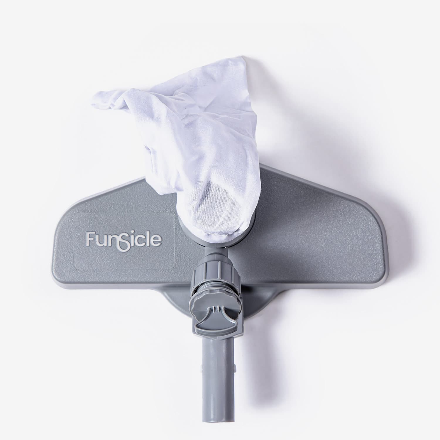 Gray vacuum attachment with a white filter on a white background