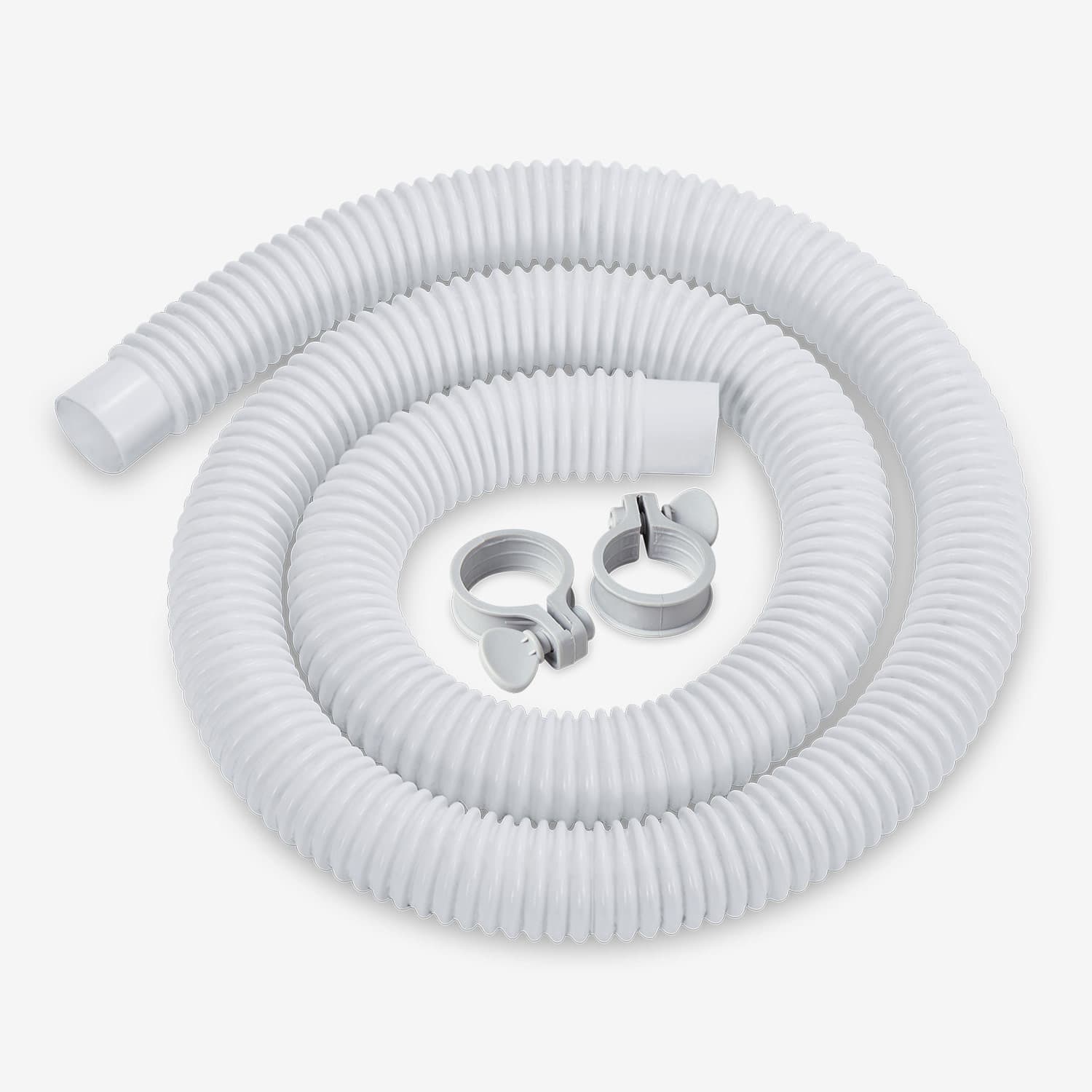White flexible hose with two clamps on a white background