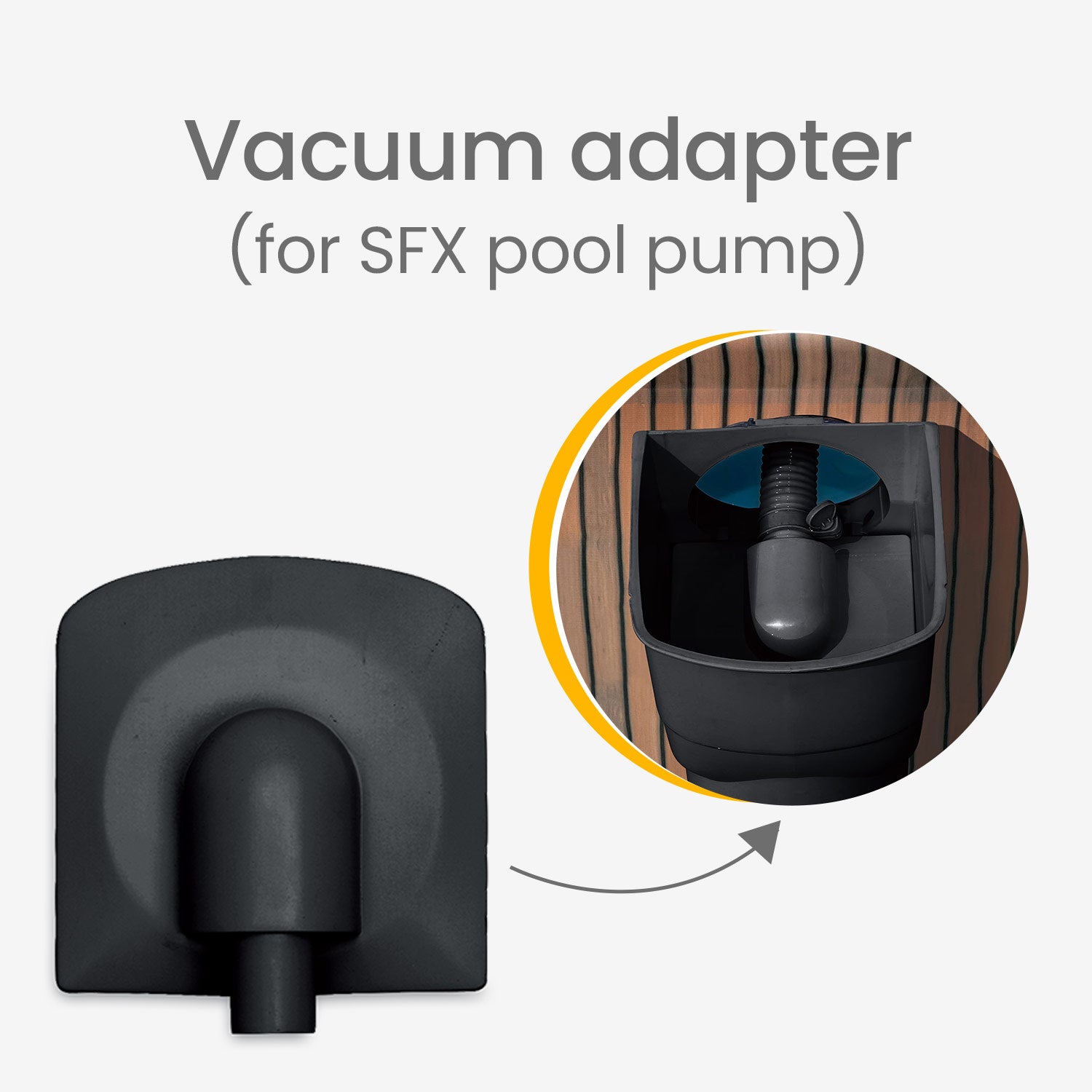 Black vacuum adapter for SFX pool pump on a white background
