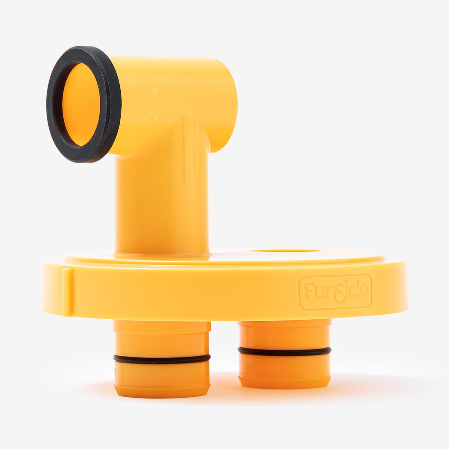 Yellow plastic fitting with black accents on a white background