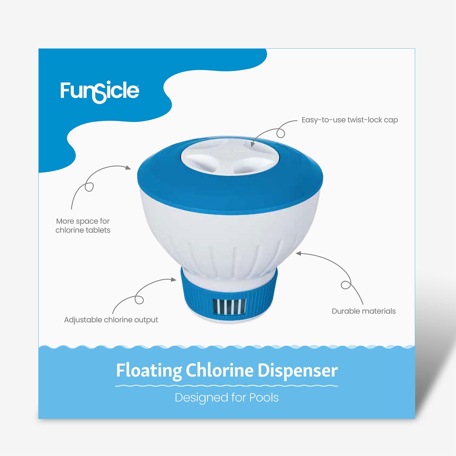 Funsicle Floating chlorine dispenser packaging with blue and white design on a light gray background