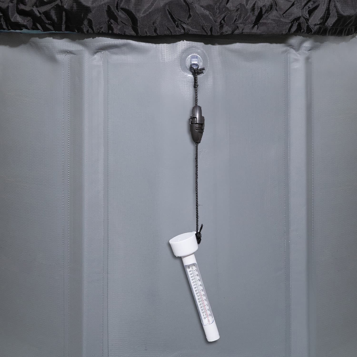 Funsicle Floating Thermometer for Ice Well Plunge hanging on Ice Well Cold Plunge Pool