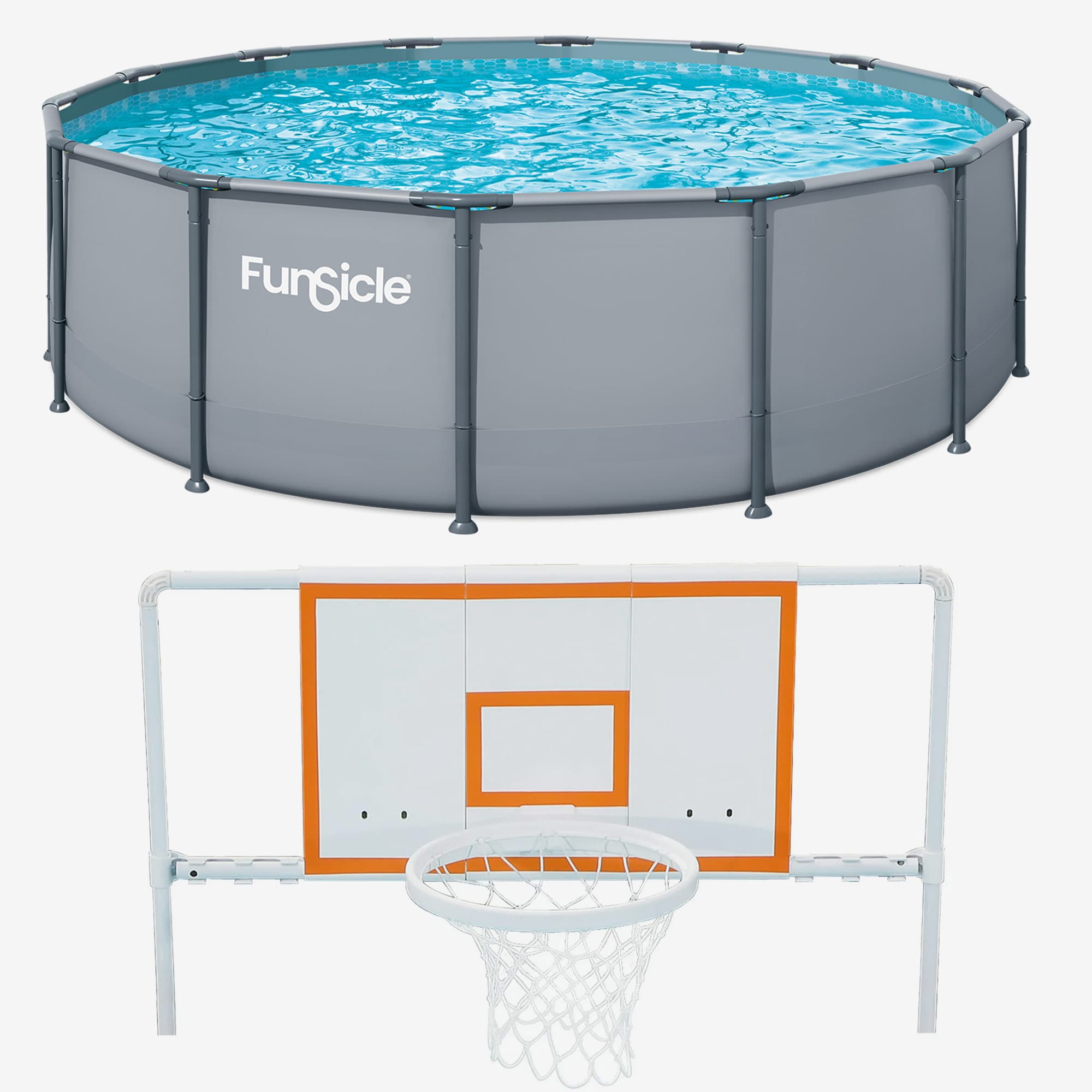 Funsicle pool with basketball hoop on a white background