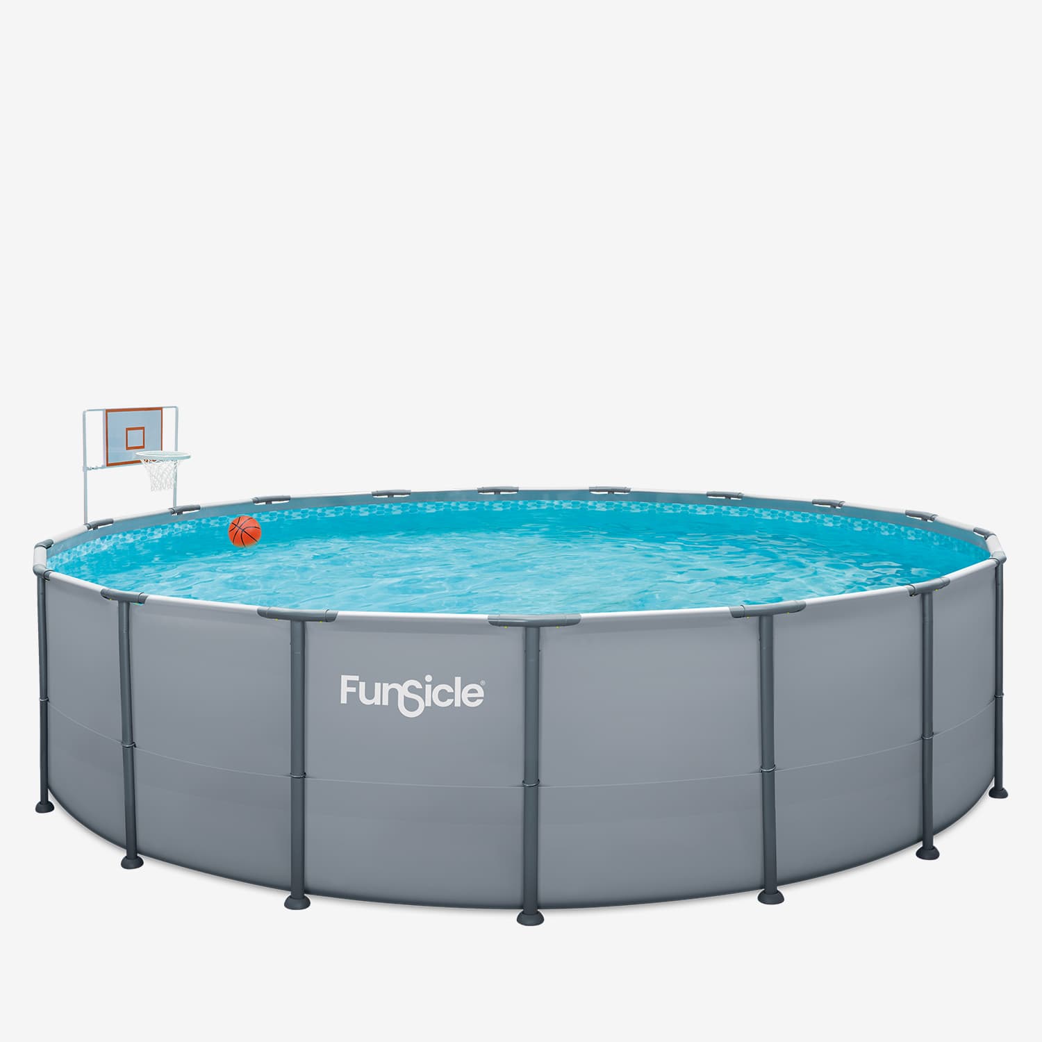 Funsicle above-ground pool with basketball hoop on a white background