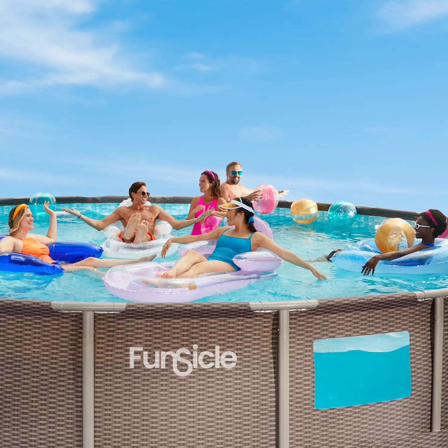 Funsicle 16 ft Crystal Vue Oasis Designer Pool - Dark Double Rattan close up view with people